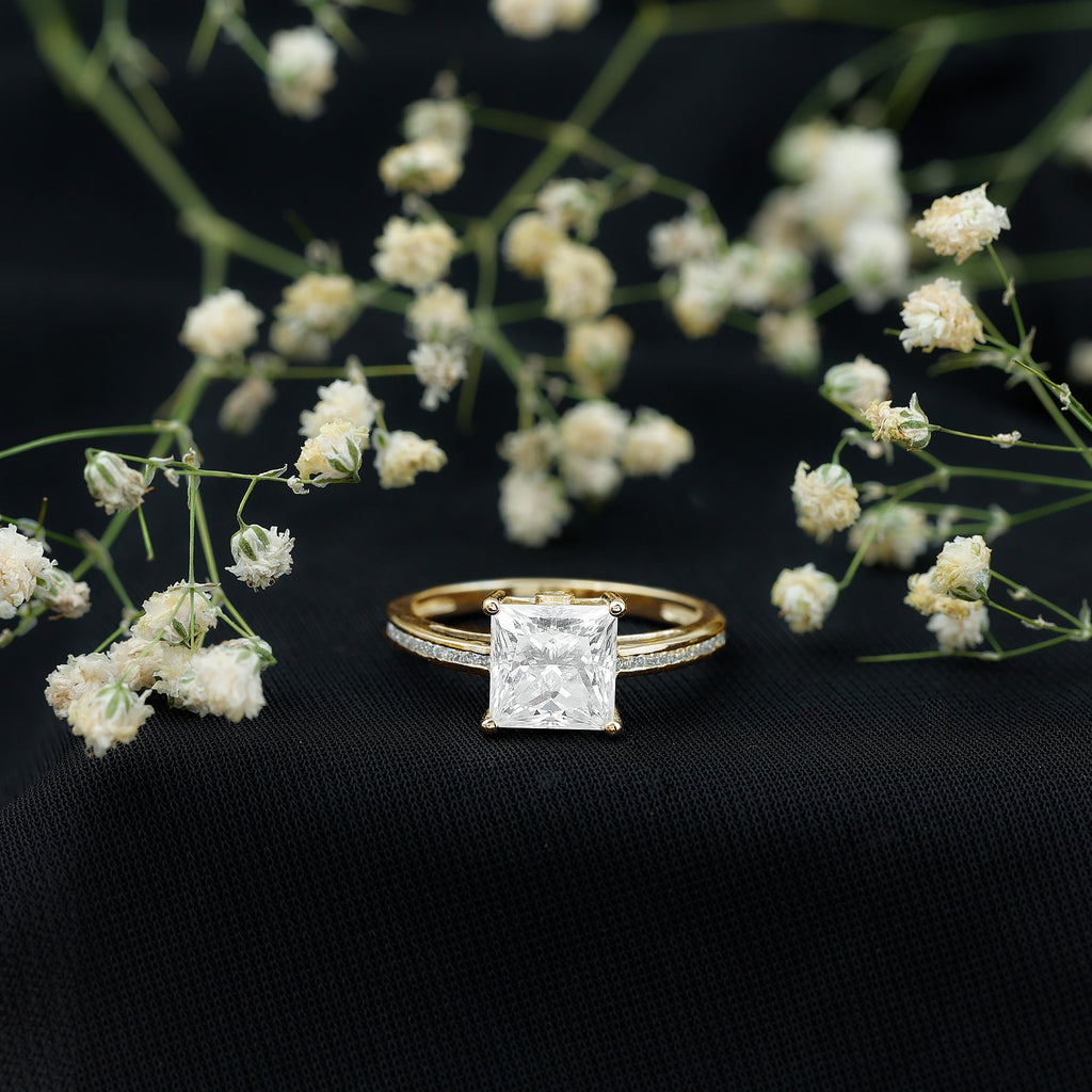 Solitaire Moissanite Princess Cut Engagement Ring with Side Stones