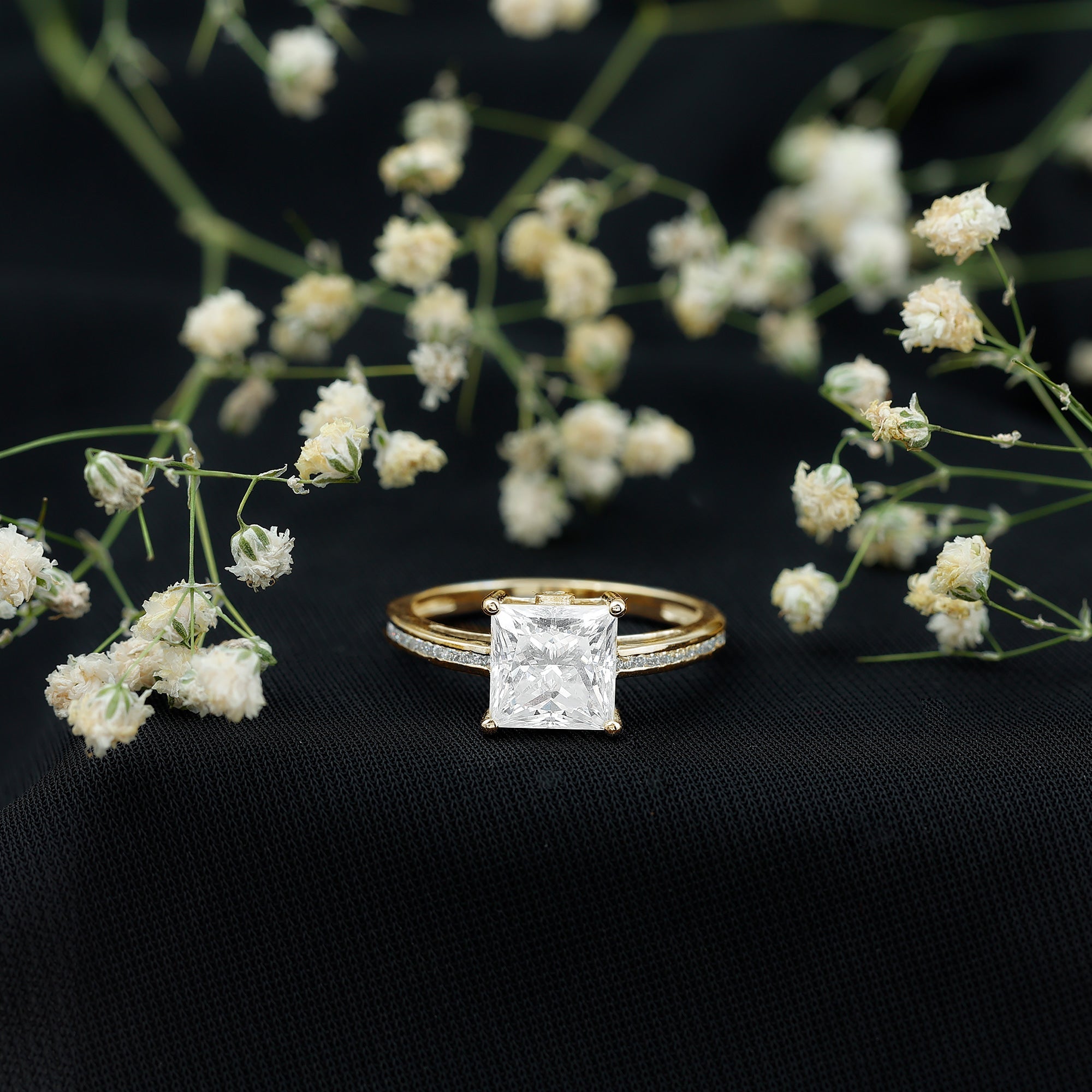 Solitaire Moissanite Princess Cut Engagement Ring with Side Stones