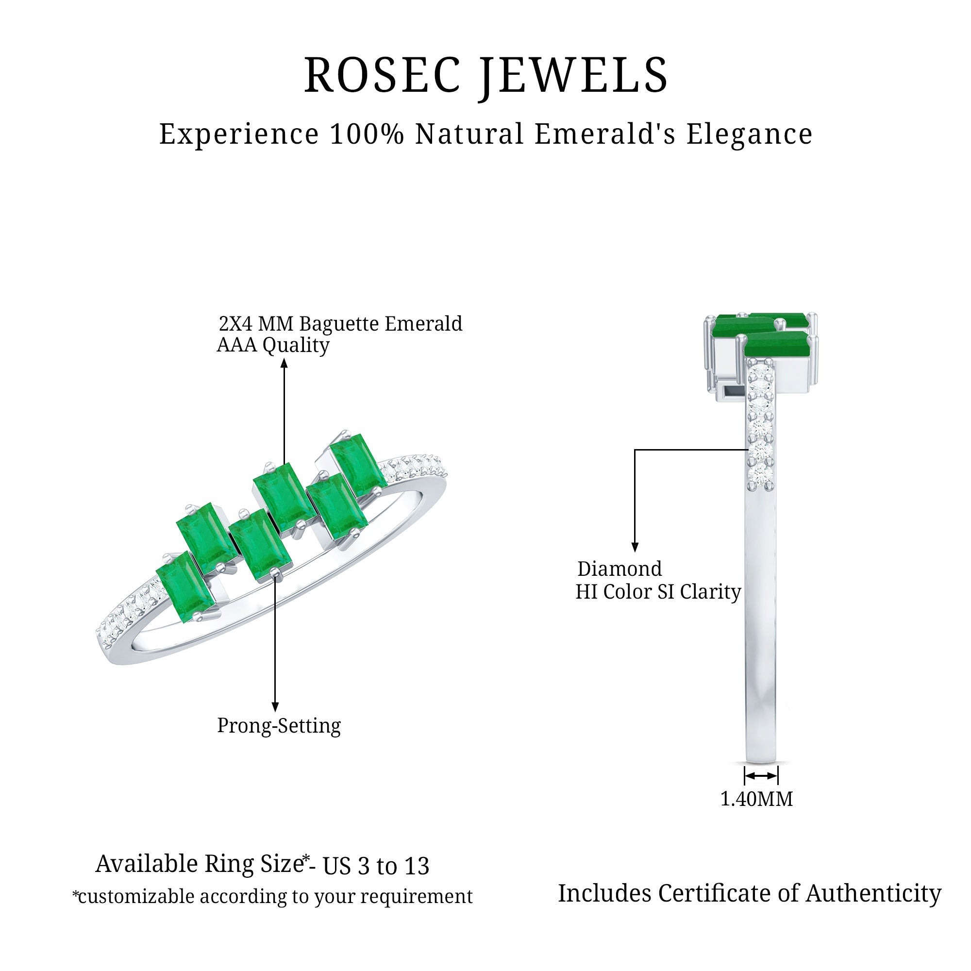 Emerald Promise Ring – Baguette Cut Ring with Diamond Side Stones, AAA Quality