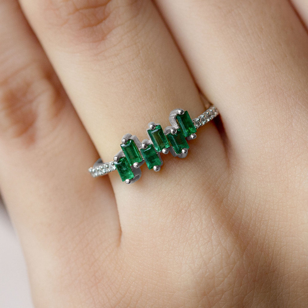 Emerald Promise Ring – Baguette Cut Ring with Diamond Side Stones, AAA Quality