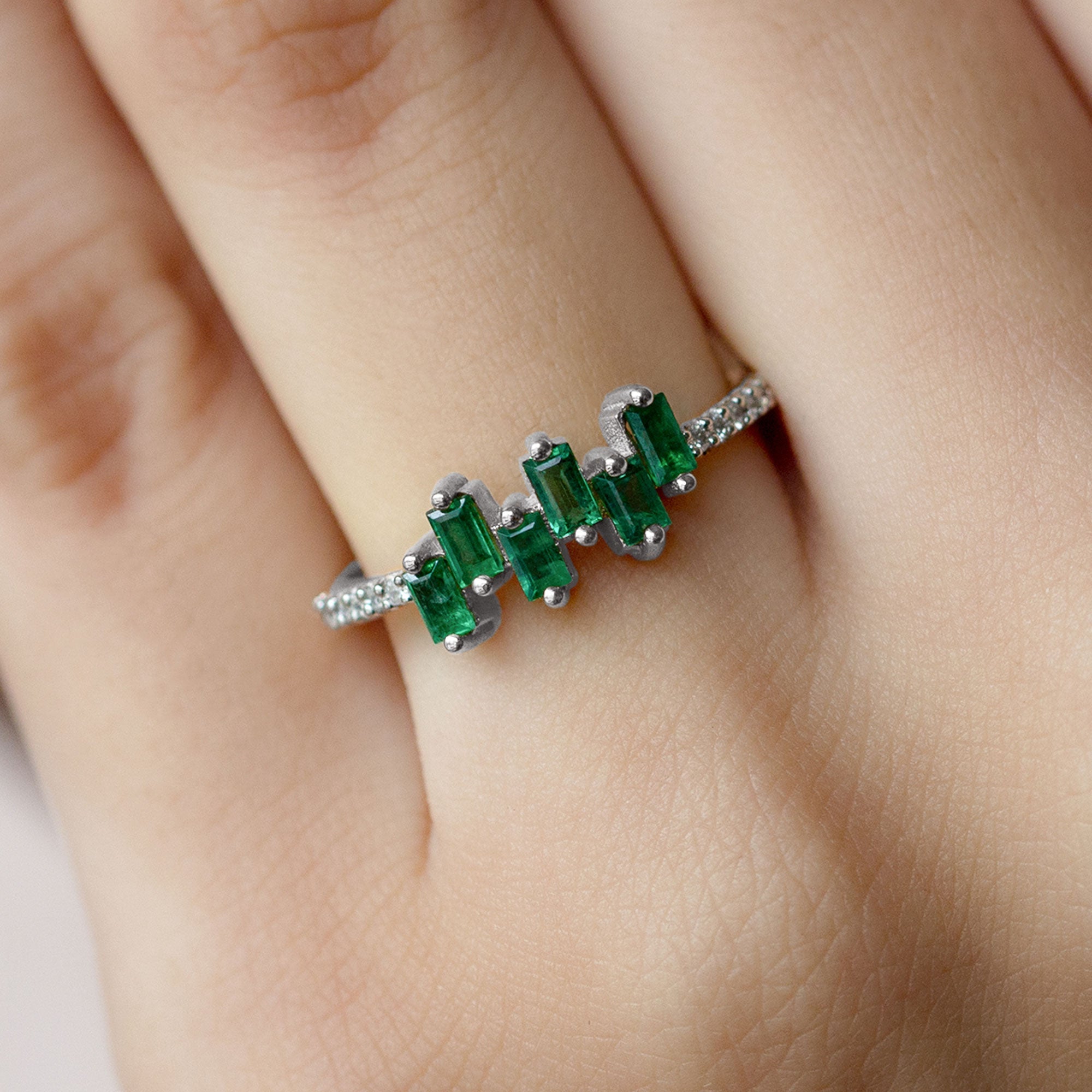 Emerald Promise Ring – Baguette Cut Ring with Diamond Side Stones, AAA Quality