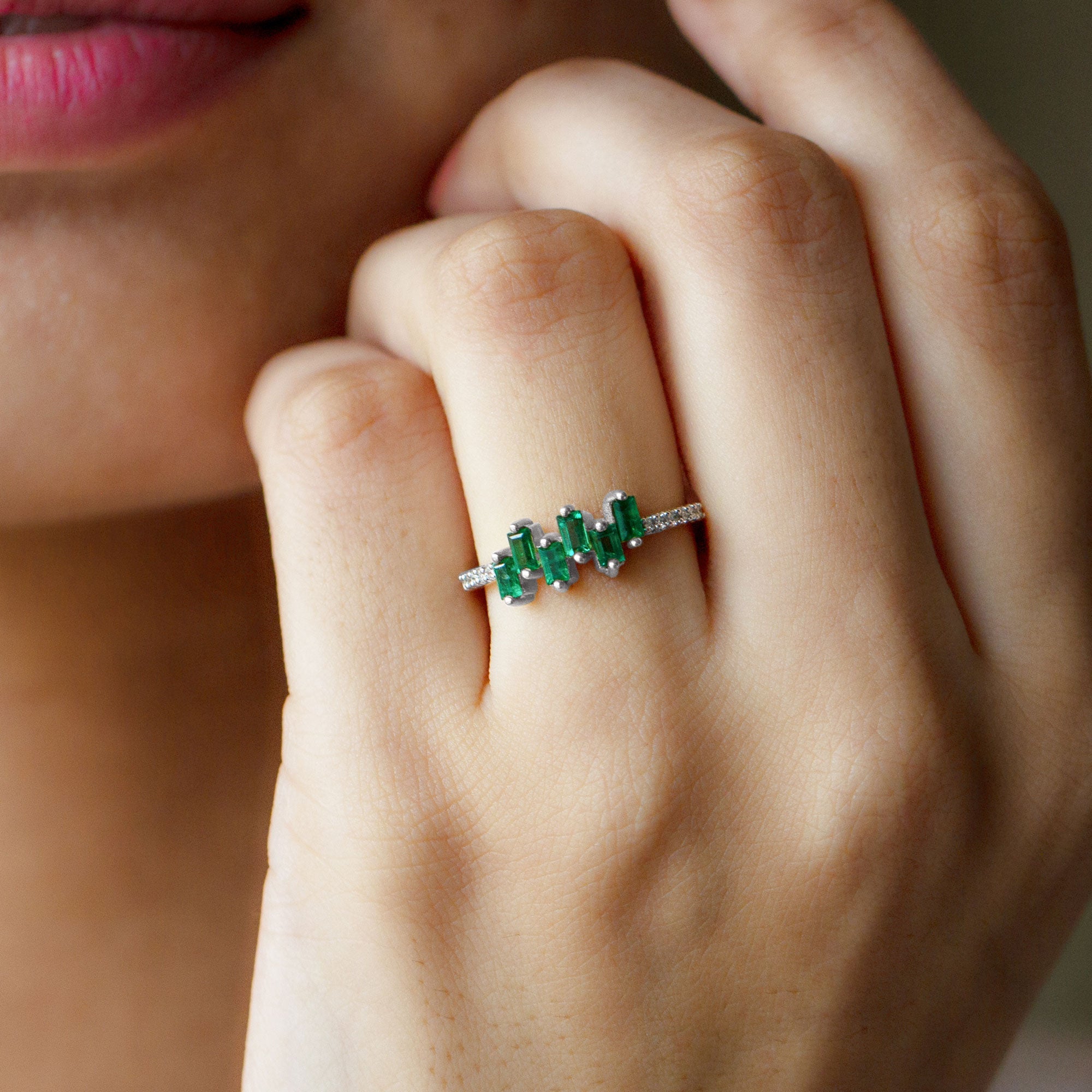 Emerald Promise Ring – Baguette Cut Ring with Diamond Side Stones, AAA Quality