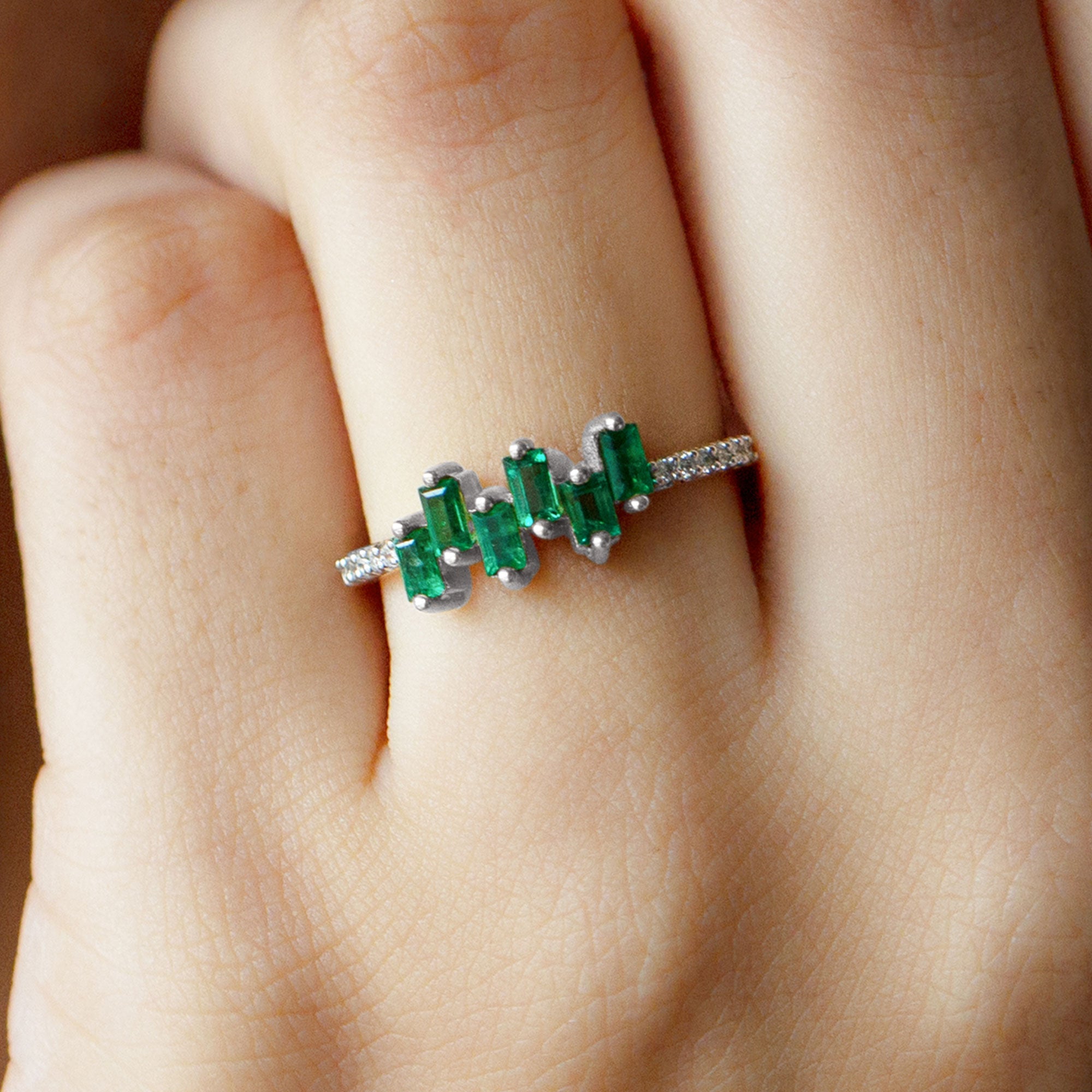 Emerald Promise Ring – Baguette Cut Ring with Diamond Side Stones, AAA Quality