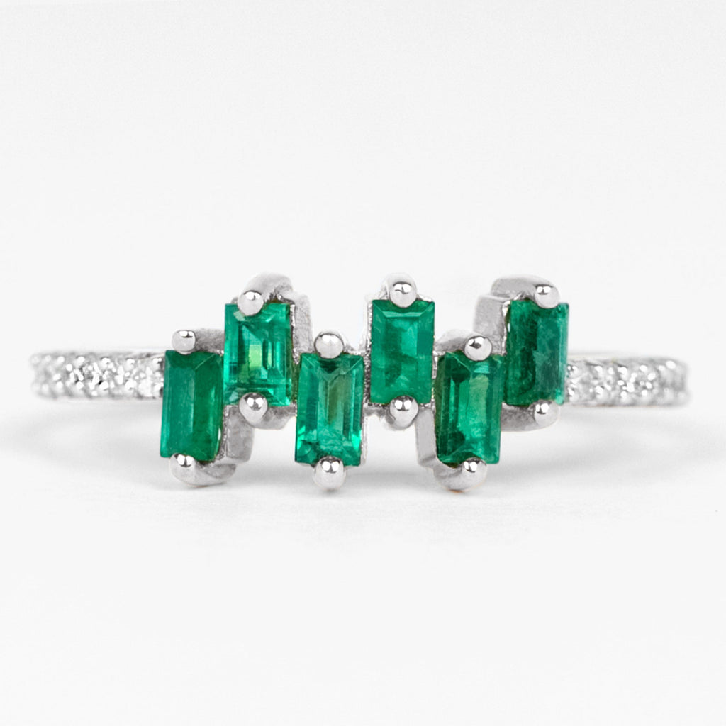 Emerald Promise Ring – Baguette Cut Ring with Diamond Side Stones, AAA Quality