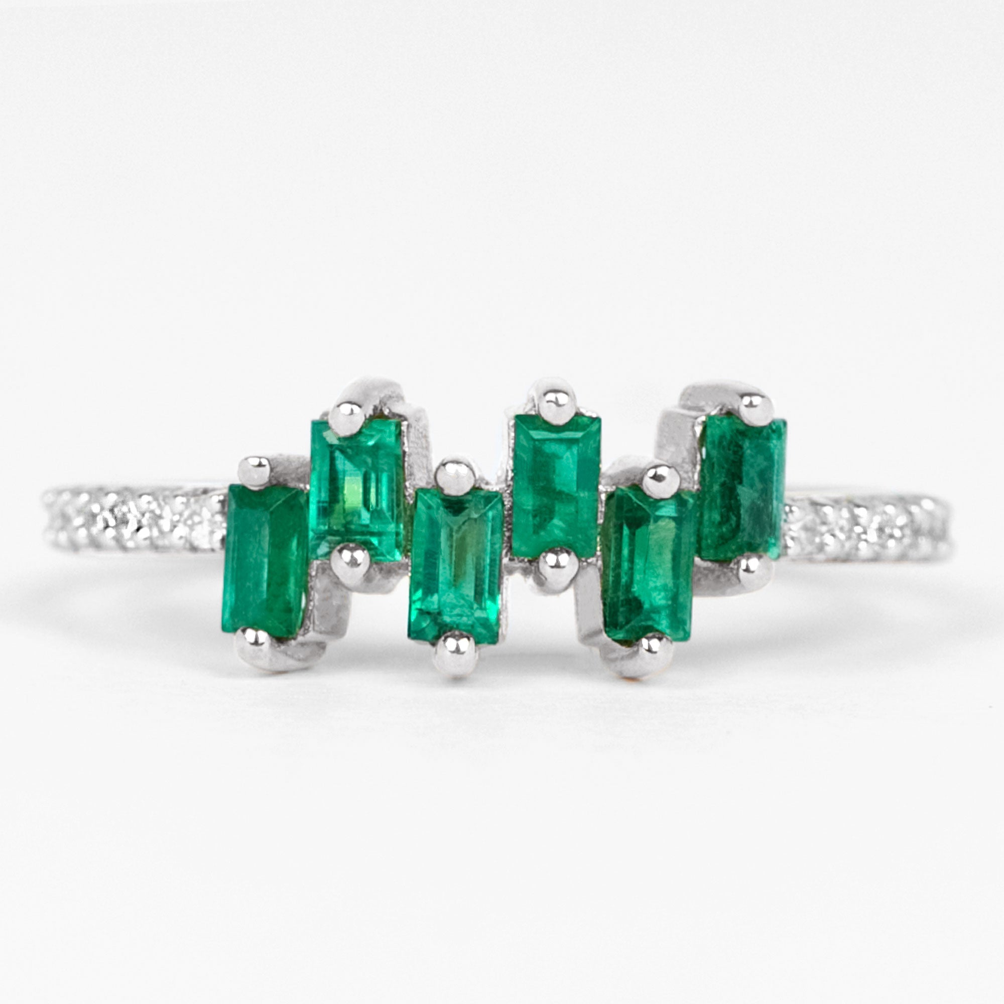 Emerald Promise Ring – Baguette Cut Ring with Diamond Side Stones, AAA Quality
