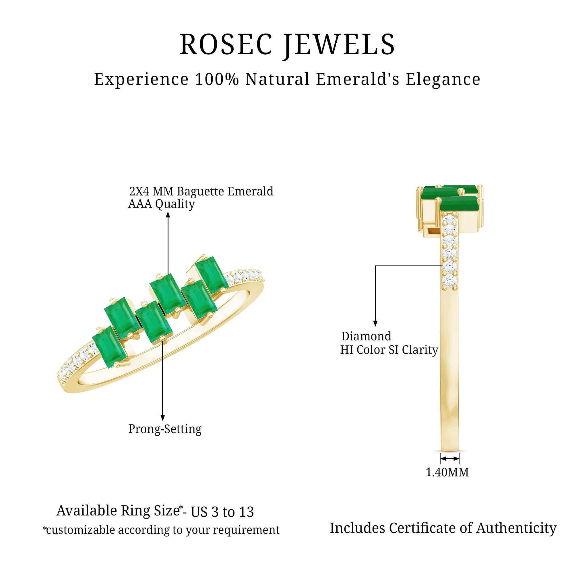 Emerald Promise Ring – Baguette Cut Ring with Diamond Side Stones, AAA Quality