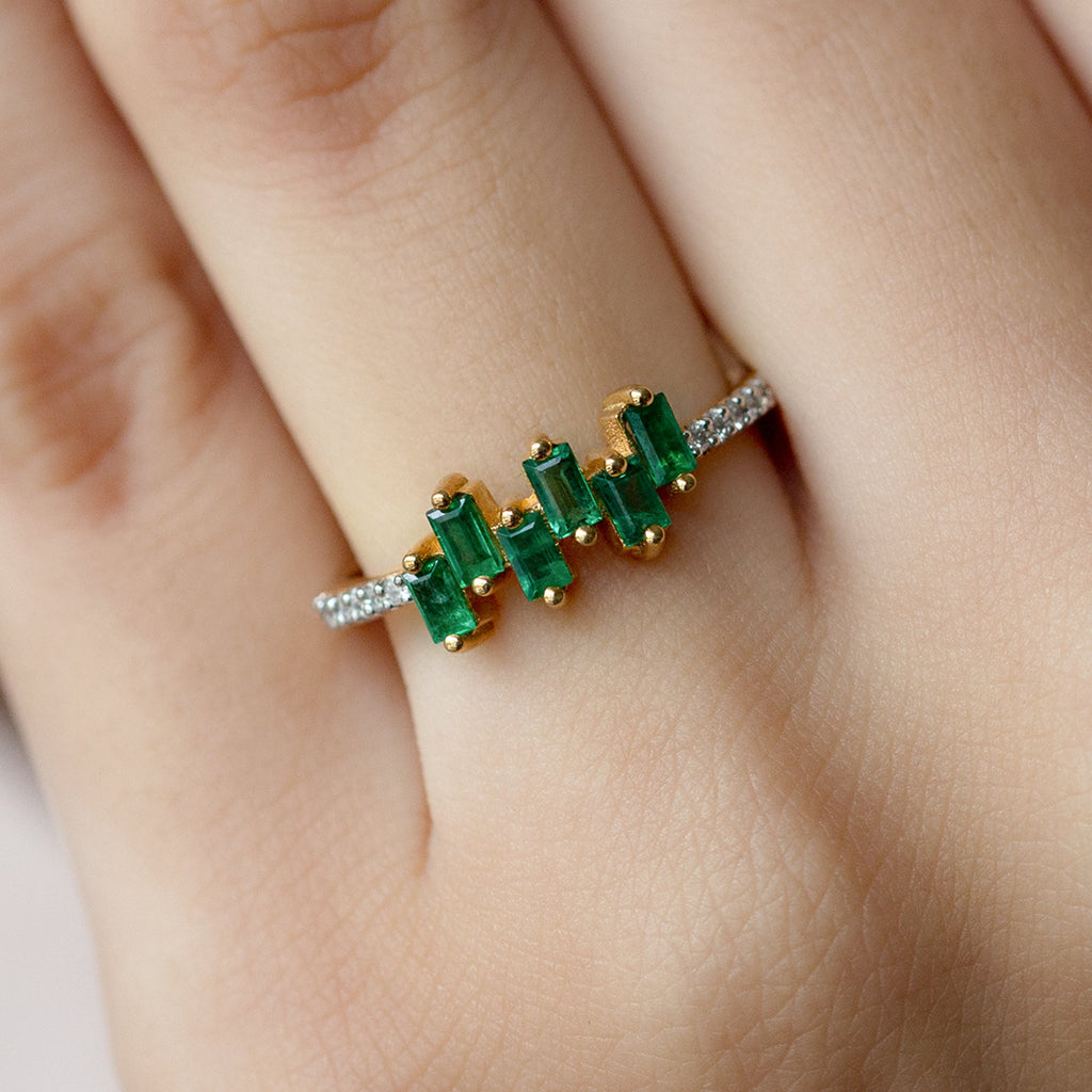 Emerald Promise Ring – Baguette Cut Ring with Diamond Side Stones, AAA Quality