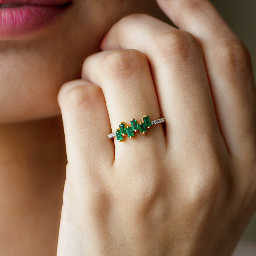 Emerald Promise Ring – Baguette Cut Ring with Diamond Side Stones, AAA Quality