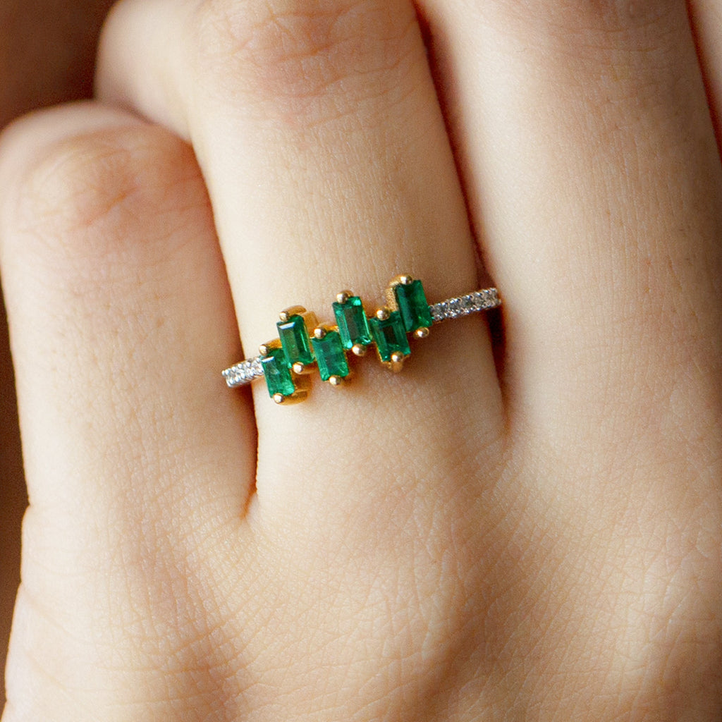 Emerald Promise Ring – Baguette Cut Ring with Diamond Side Stones, AAA Quality