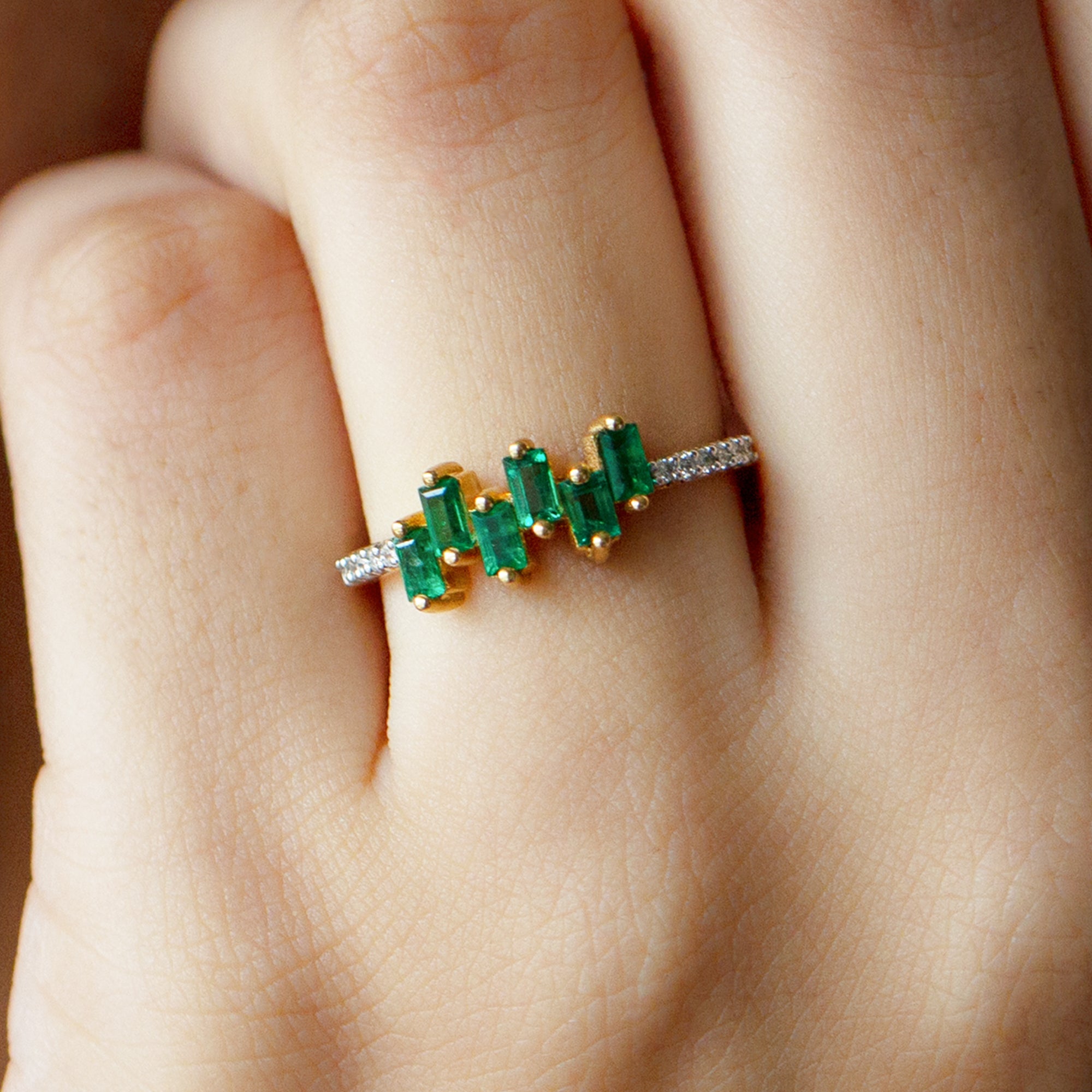 Emerald Promise Ring – Baguette Cut Ring with Diamond Side Stones, AAA Quality