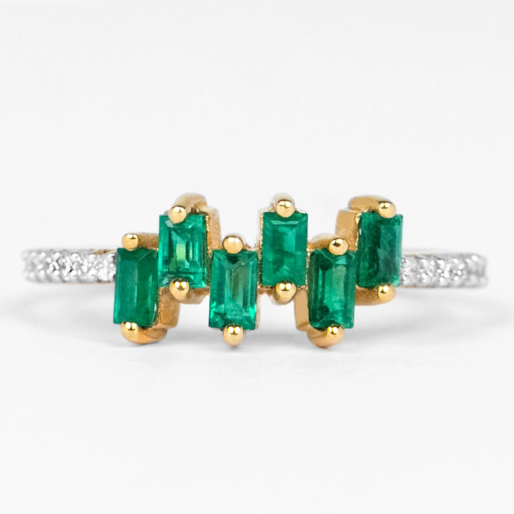 Emerald Promise Ring – Baguette Cut Ring with Diamond Side Stones, AAA Quality