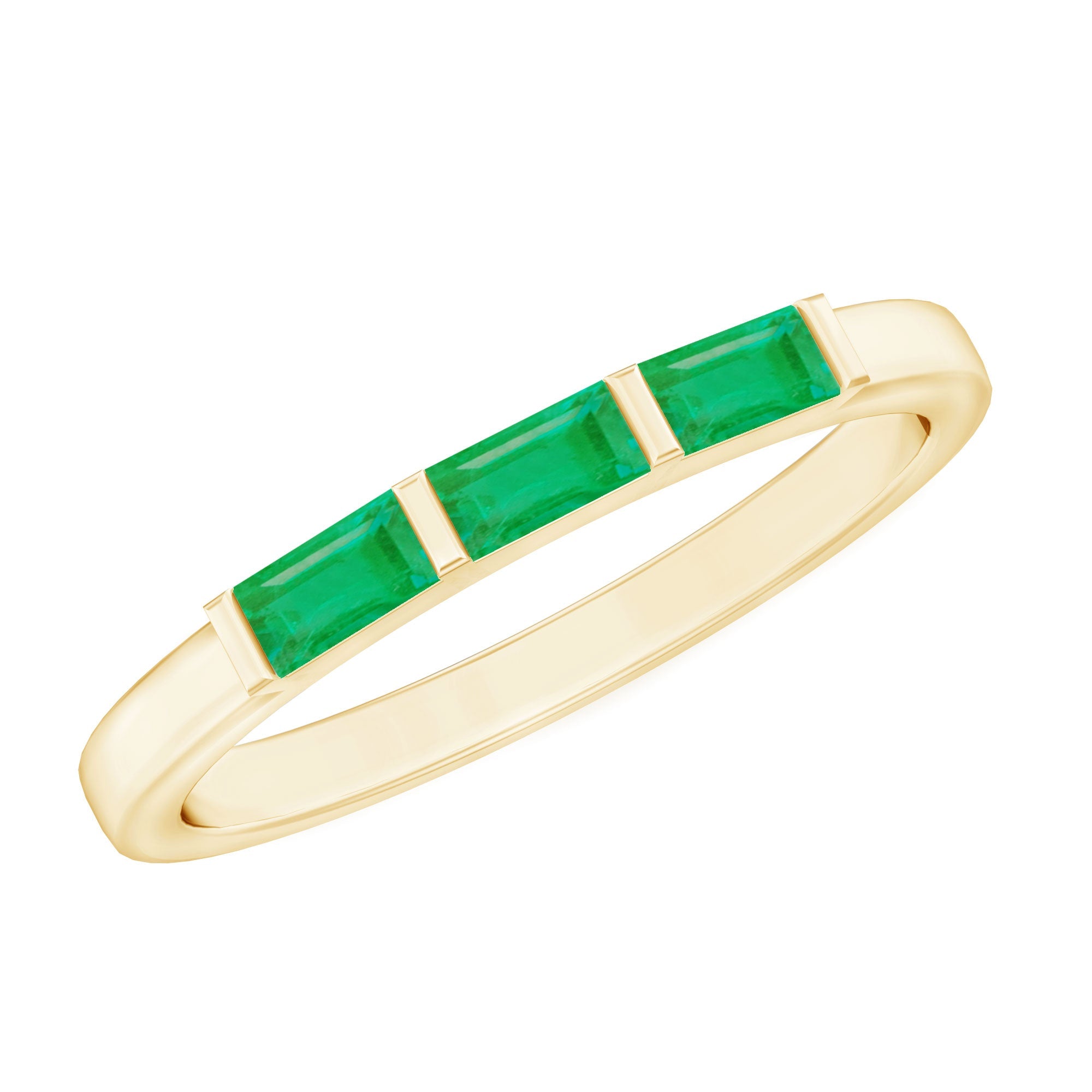 Emerald Three Stone Ring - Real Emerald Baguette Cut Bar Setting With Certificate