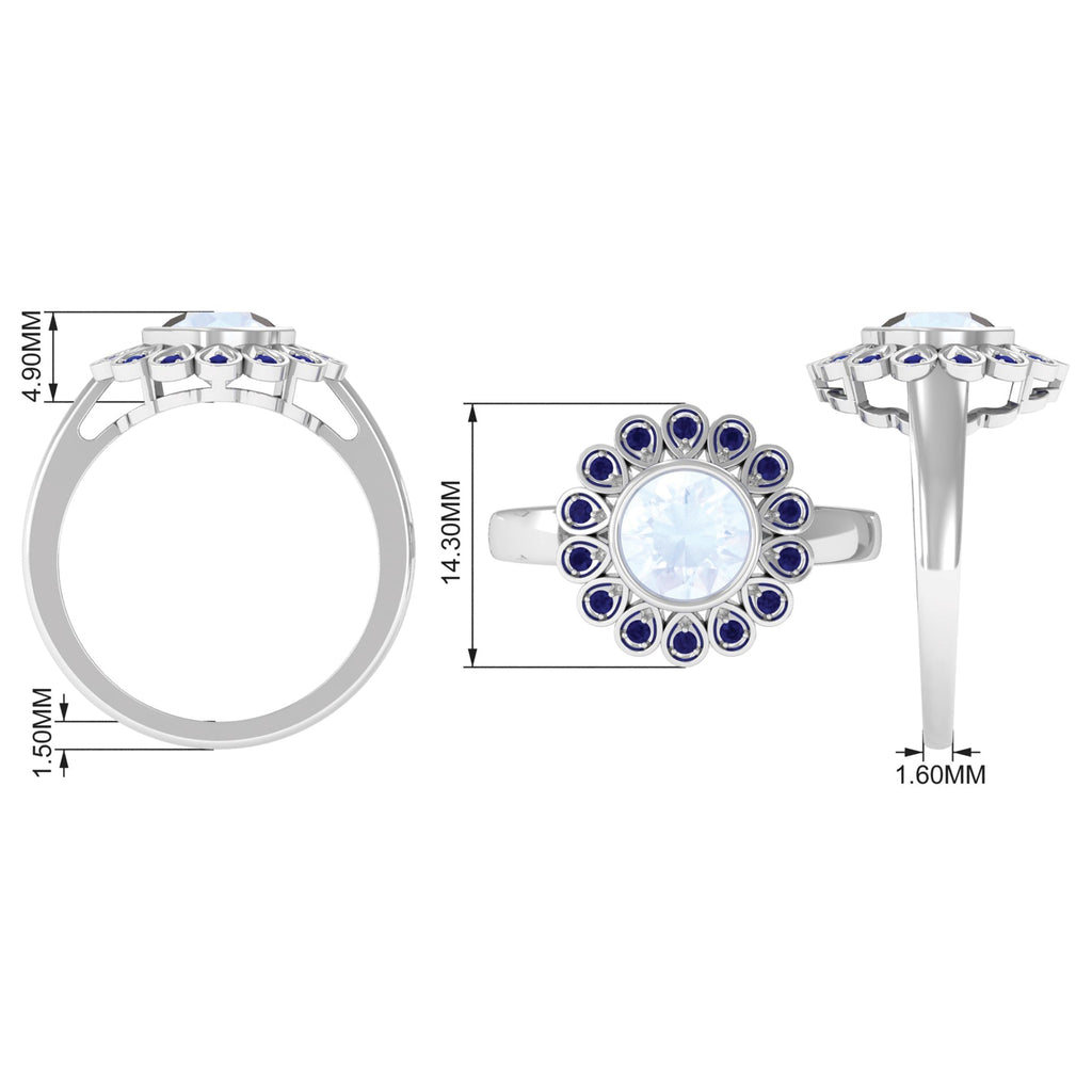 0.8 Carat Bezel Set Moonstone Vintage Inspired Engagement Ring with Blue Sapphire