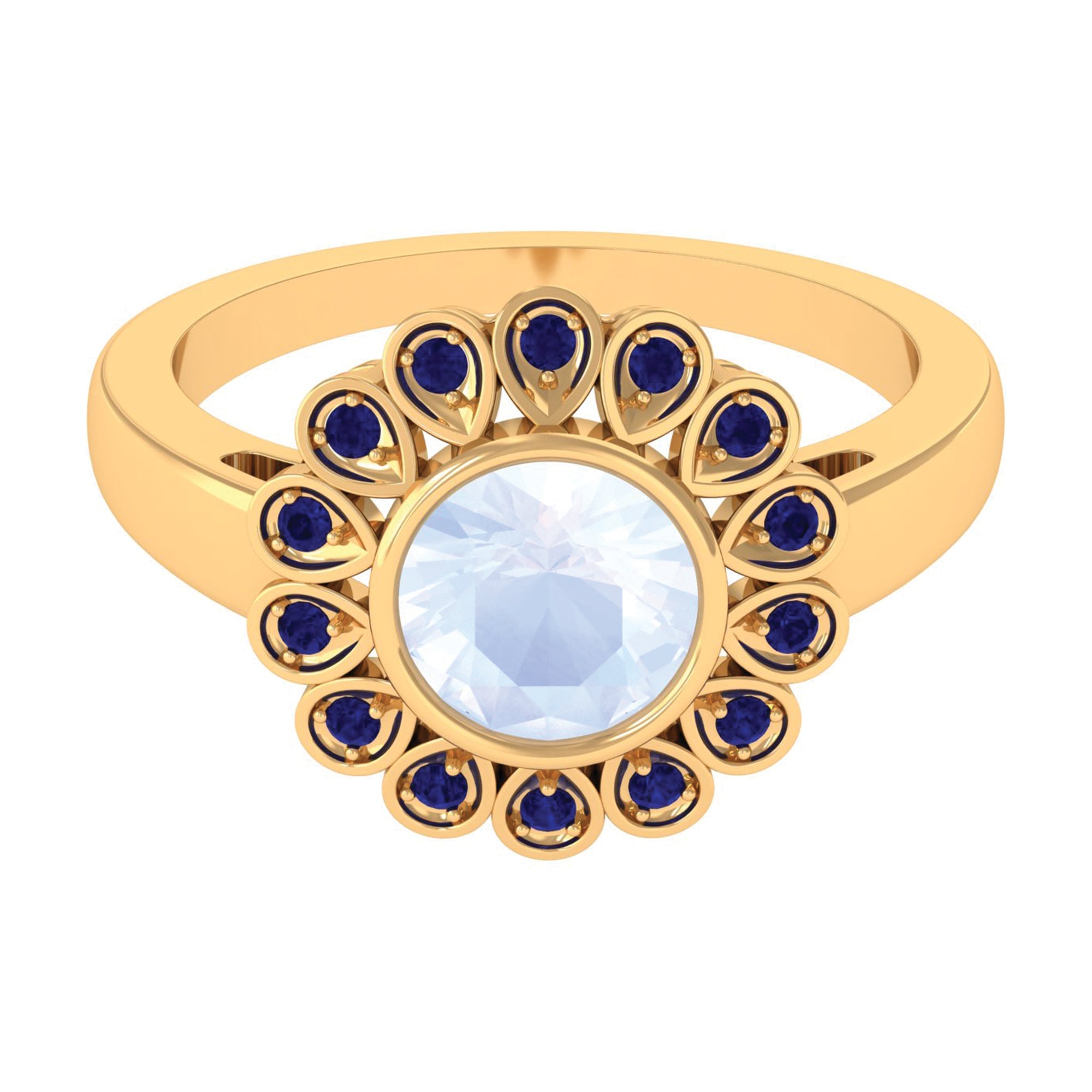 Moonstone Engagement Ring – Vintage Bezel Set Gold Ring with Blue Sapphire Accents