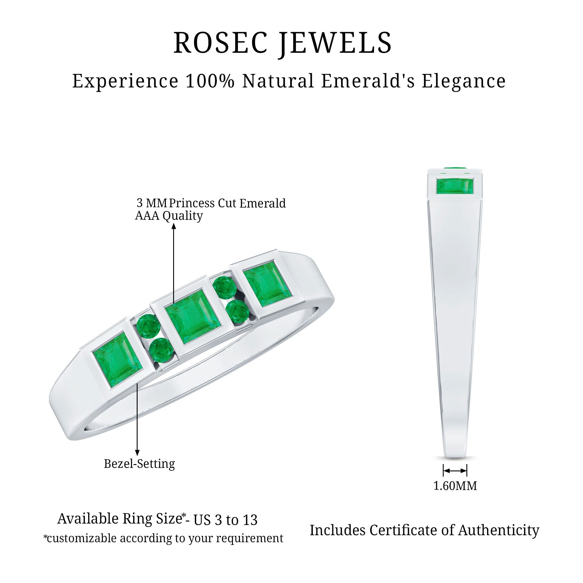 Emerald Princess Cut Ring – Natural Emerald Band With Bezel & Tension Setting