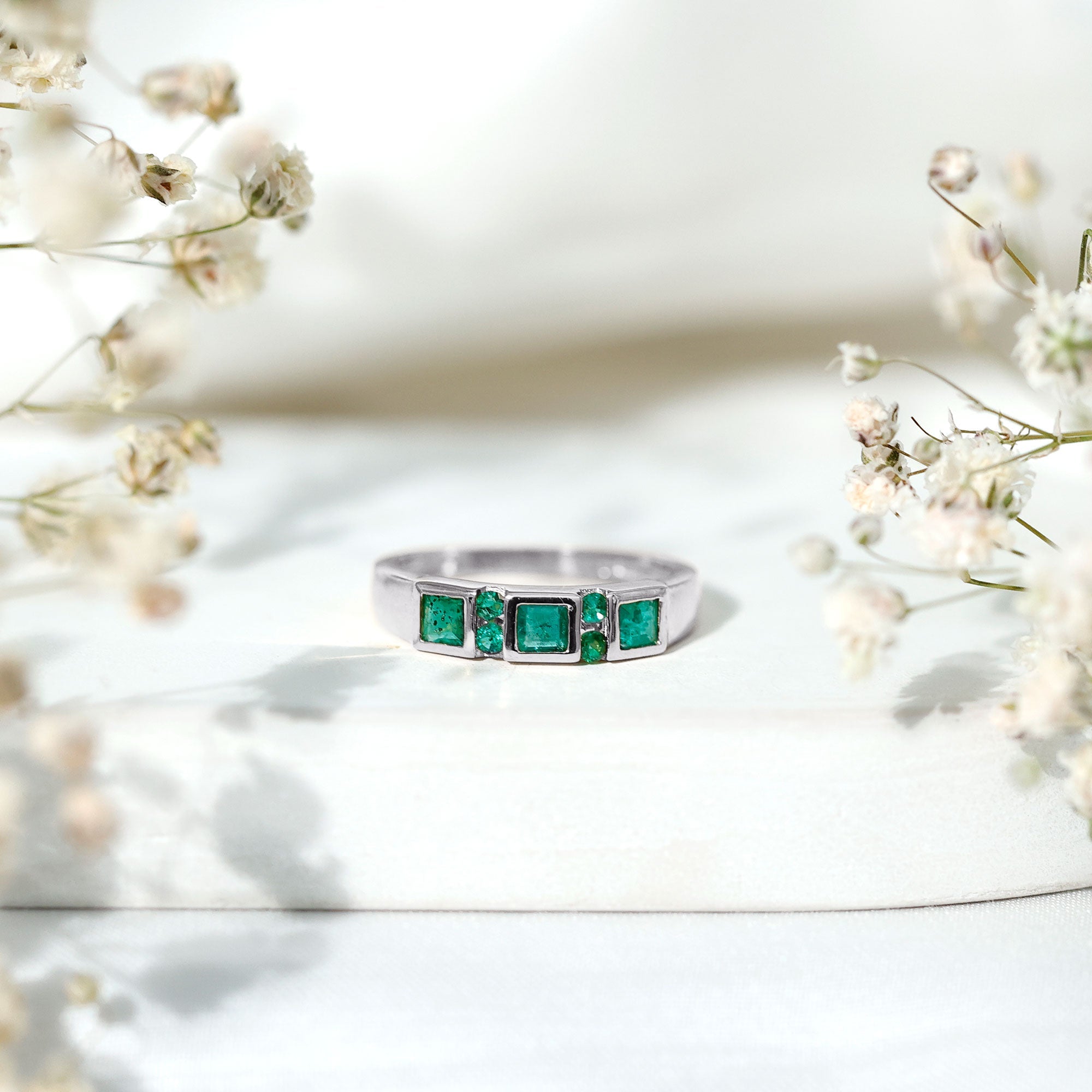 Emerald Princess Cut Ring – Natural Emerald Band With Bezel & Tension Setting