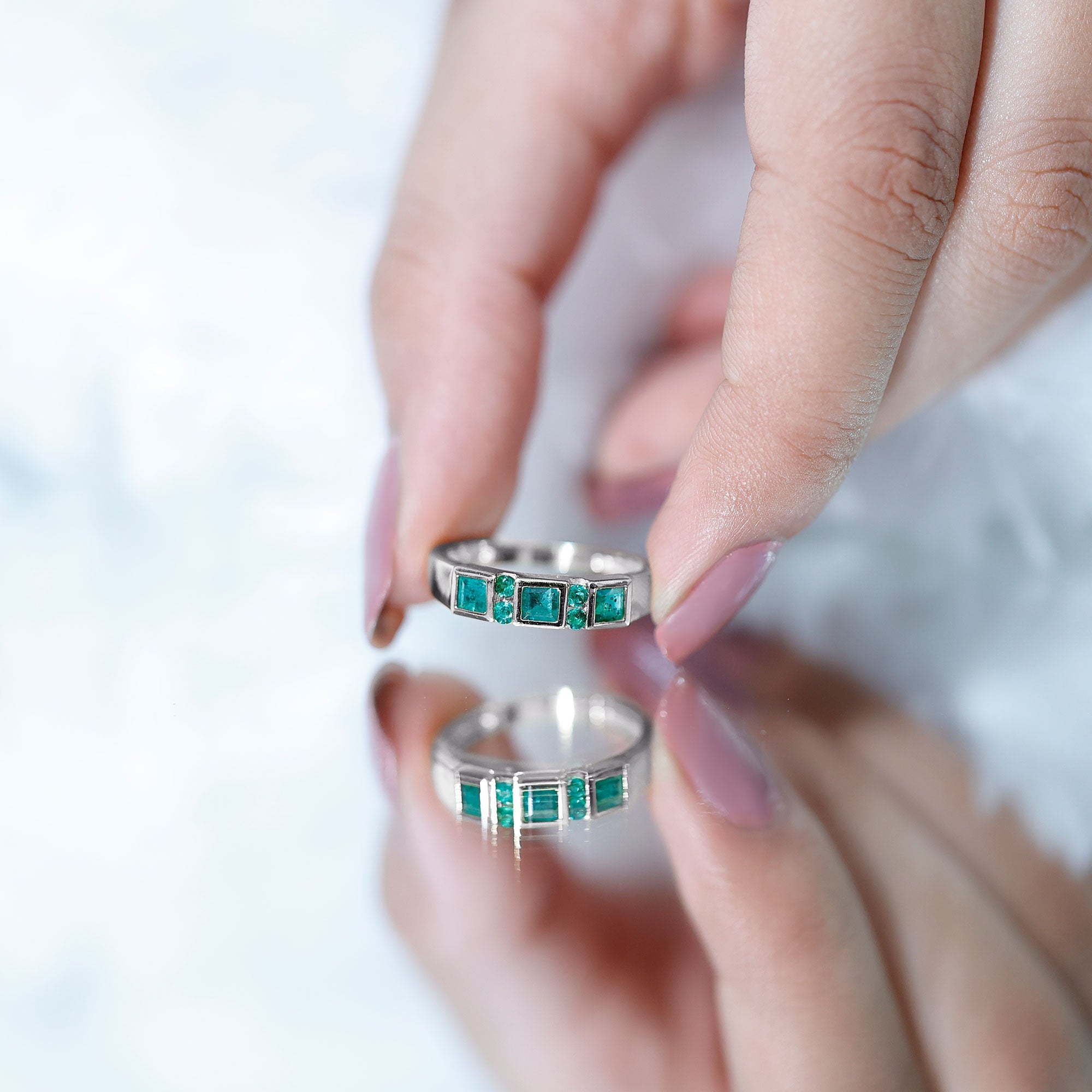 Emerald Princess Cut Ring – Natural Emerald Band With Bezel & Tension Setting