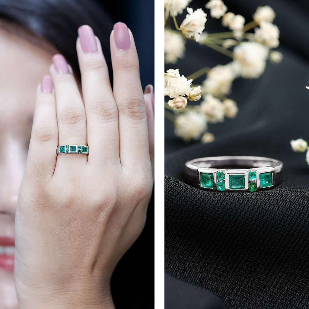 Emerald Princess Cut Ring – Natural Emerald Band With Bezel & Tension Setting