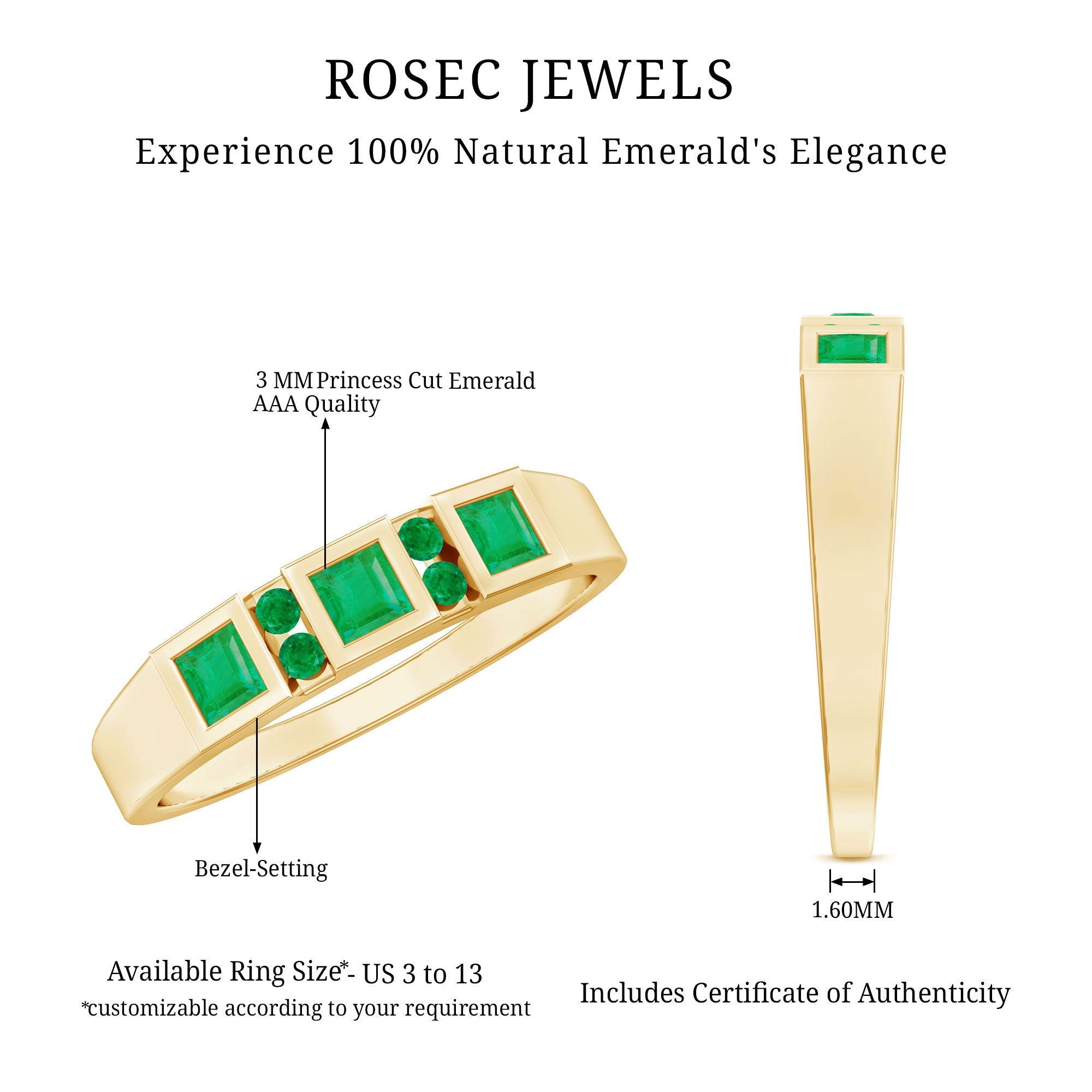 Emerald Princess Cut Ring – Natural Emerald Band With Bezel & Tension Setting