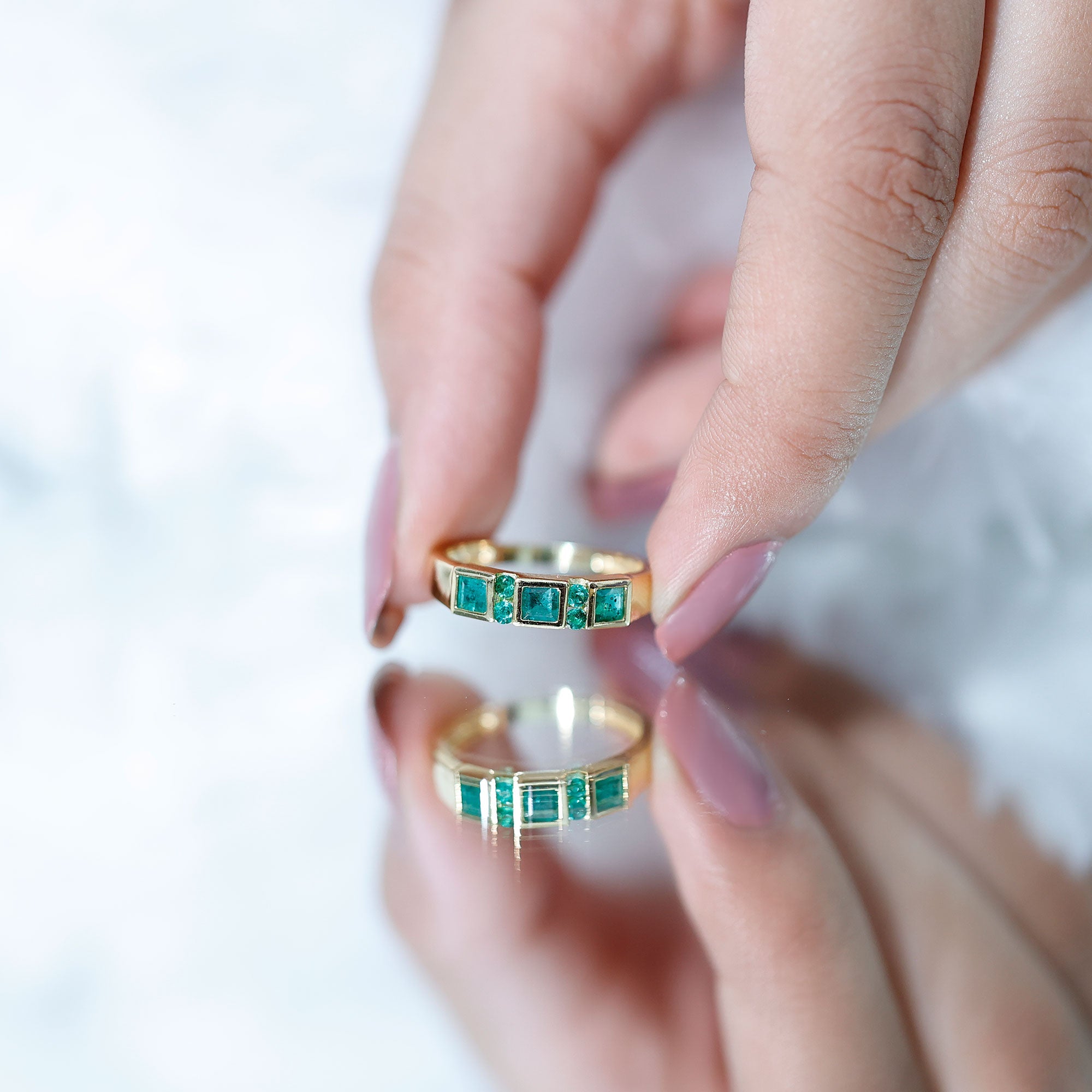 Emerald Princess Cut Ring – Natural Emerald Band With Bezel & Tension Setting