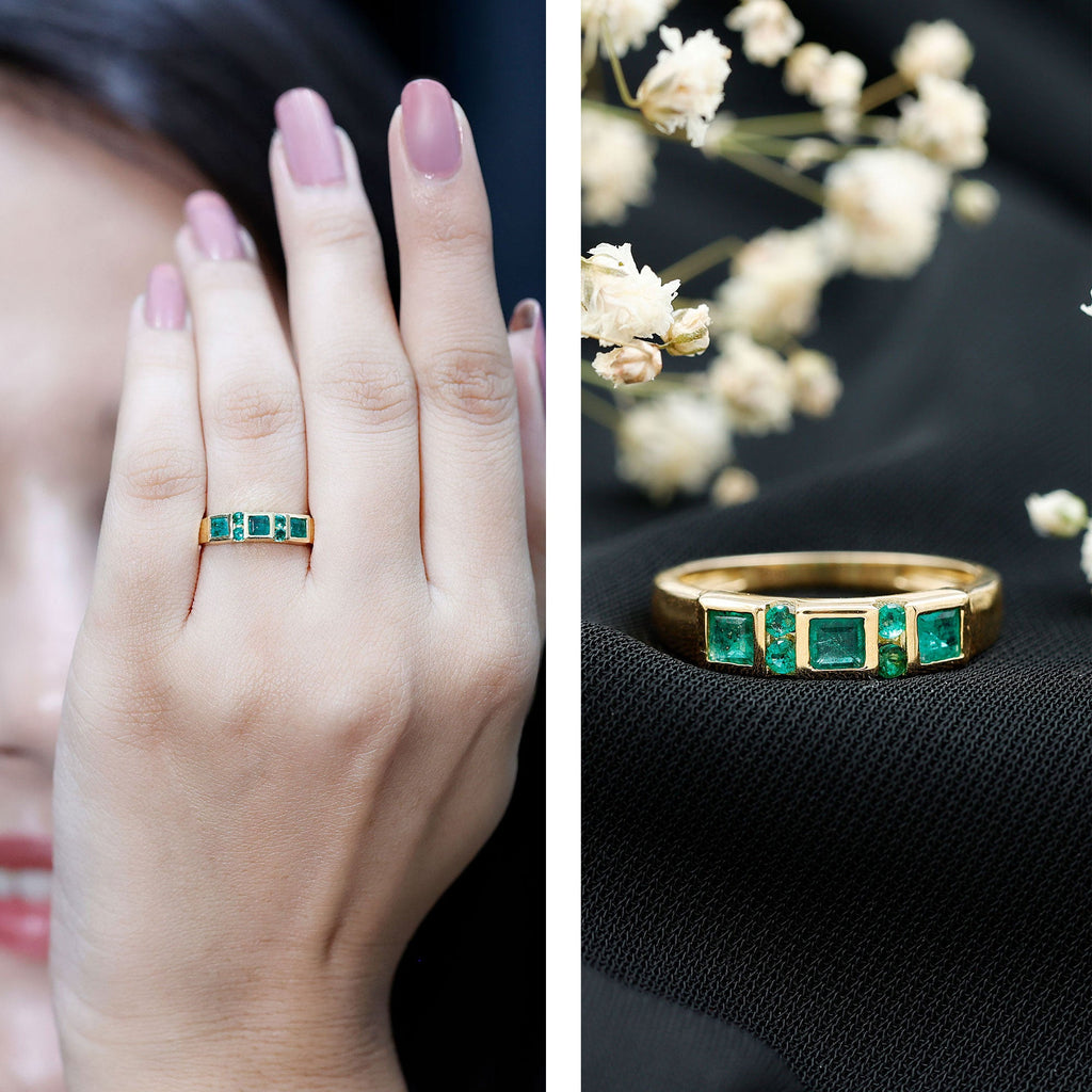 Emerald Princess Cut Ring – Natural Emerald Band With Bezel & Tension Setting