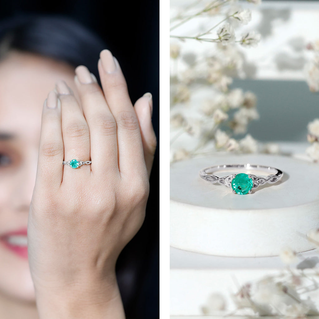 Emerald Promise Ring – Solitaire Round Cut Emerald with Celtic Band Design