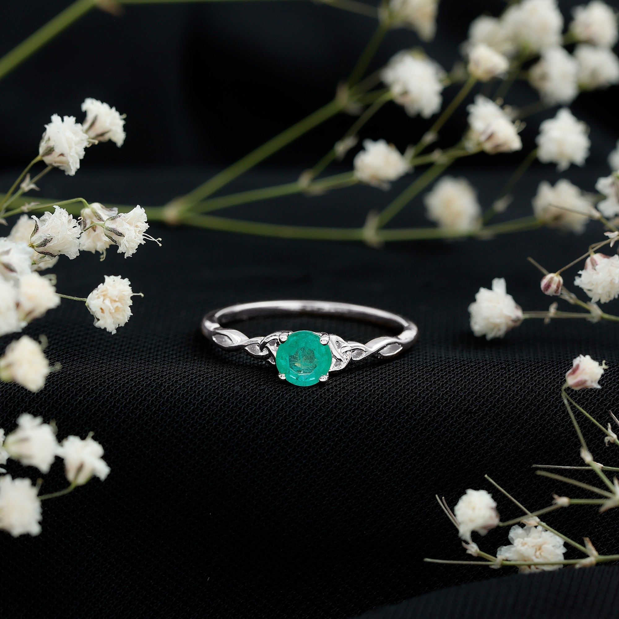 Emerald Promise Ring – Solitaire Round Cut Emerald with Celtic Band Design