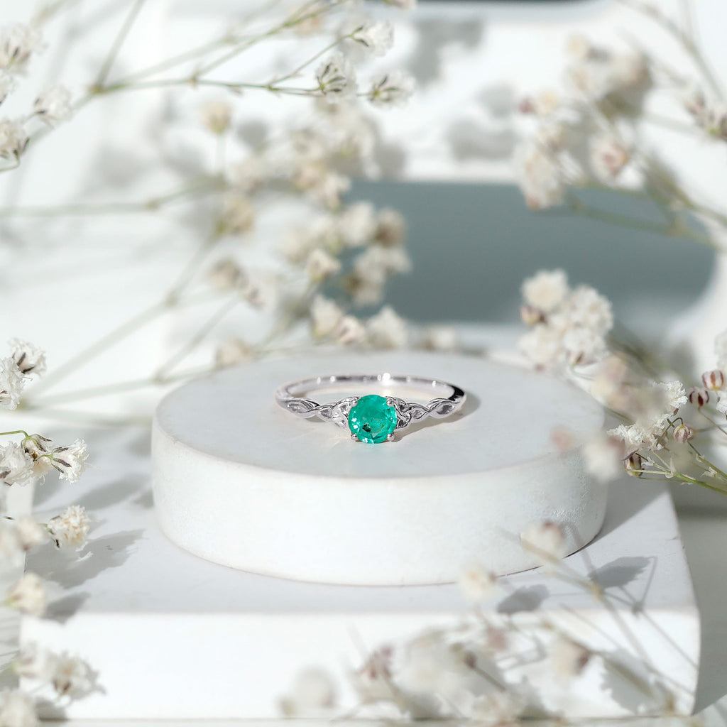 Emerald Promise Ring – Solitaire Round Cut Emerald with Celtic Band Design