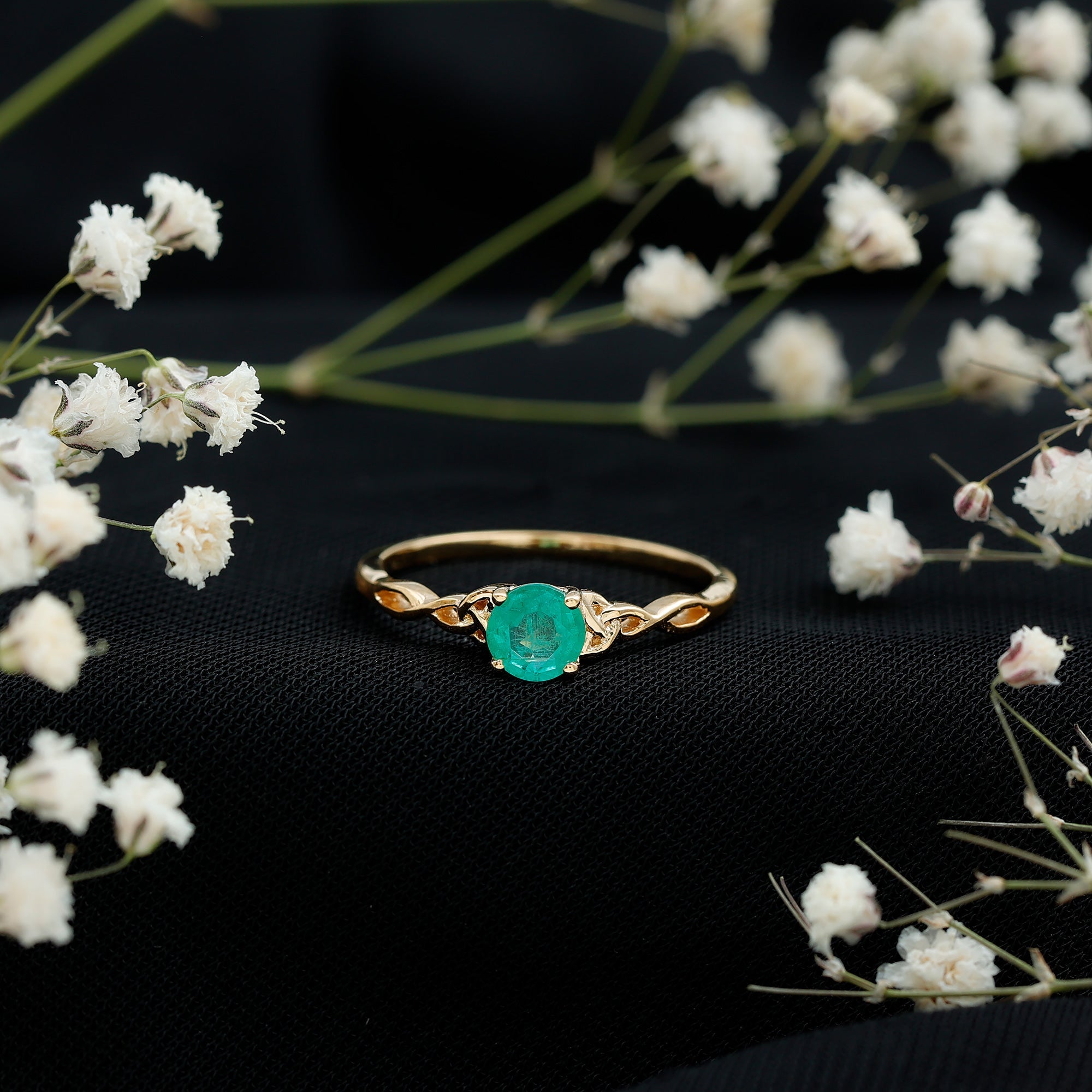Emerald Promise Ring – Solitaire Round Cut Emerald with Celtic Band Design