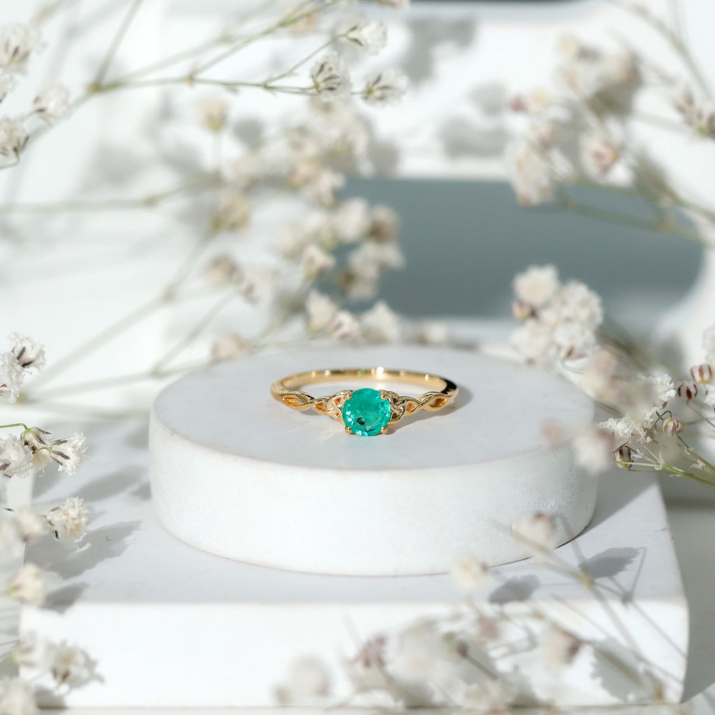 Emerald Promise Ring – Solitaire Round Cut Emerald with Celtic Band Design