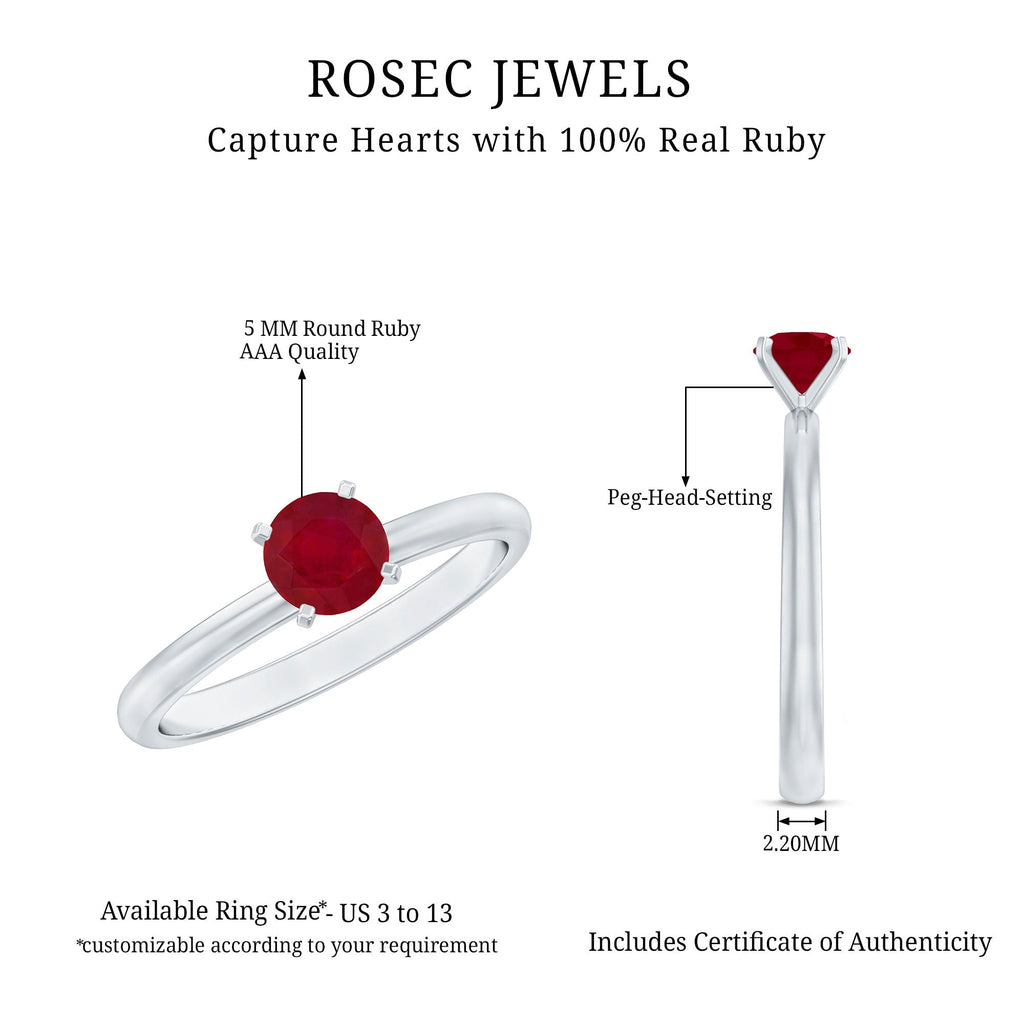 Ruby Solitaire Ring – 5 MM Round Brilliant Cut Ruby in Peg Head Setting | Anniversary Gift