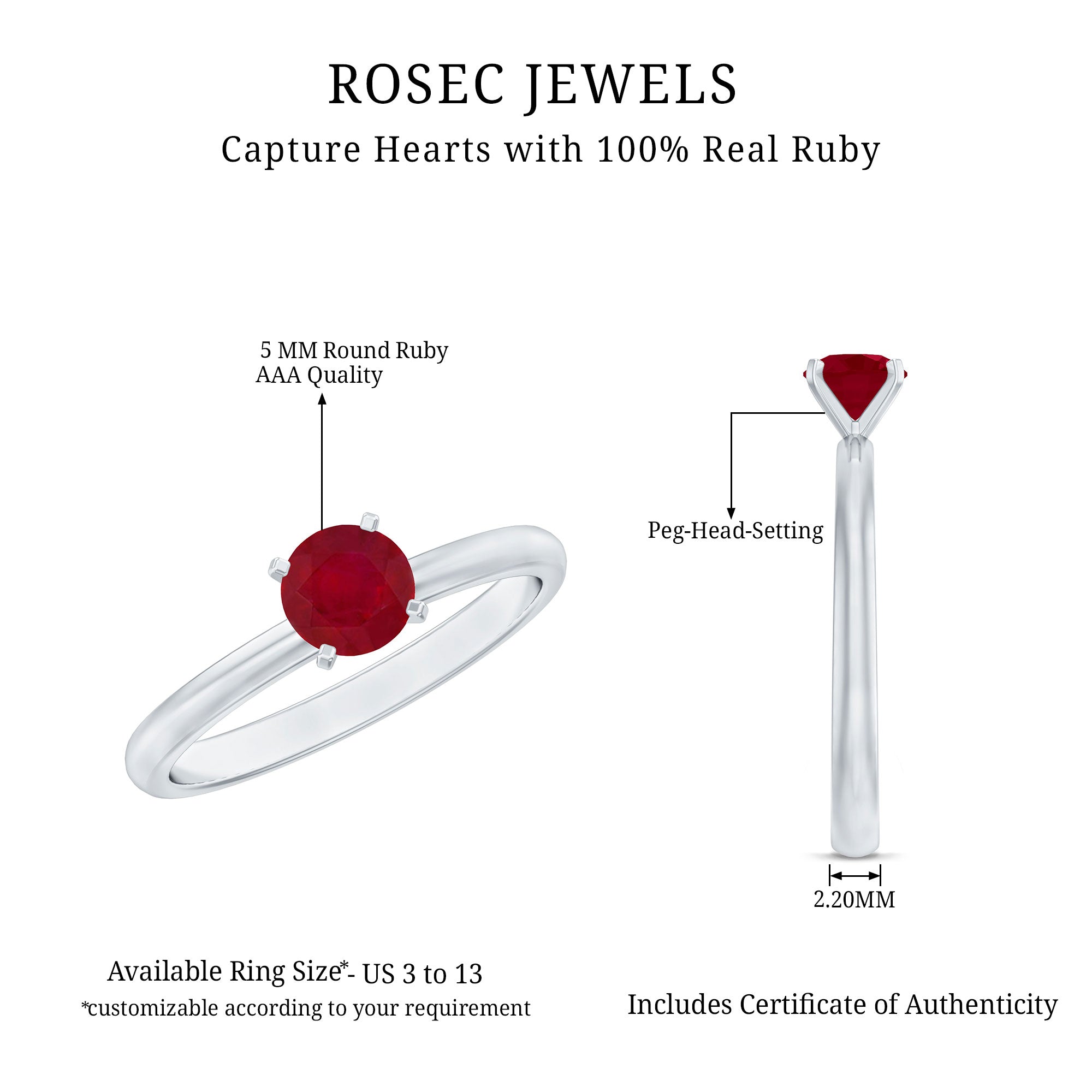 Ruby Solitaire Ring – 5 MM Round Brilliant Cut Ruby in Peg Head Setting | Anniversary Gift
