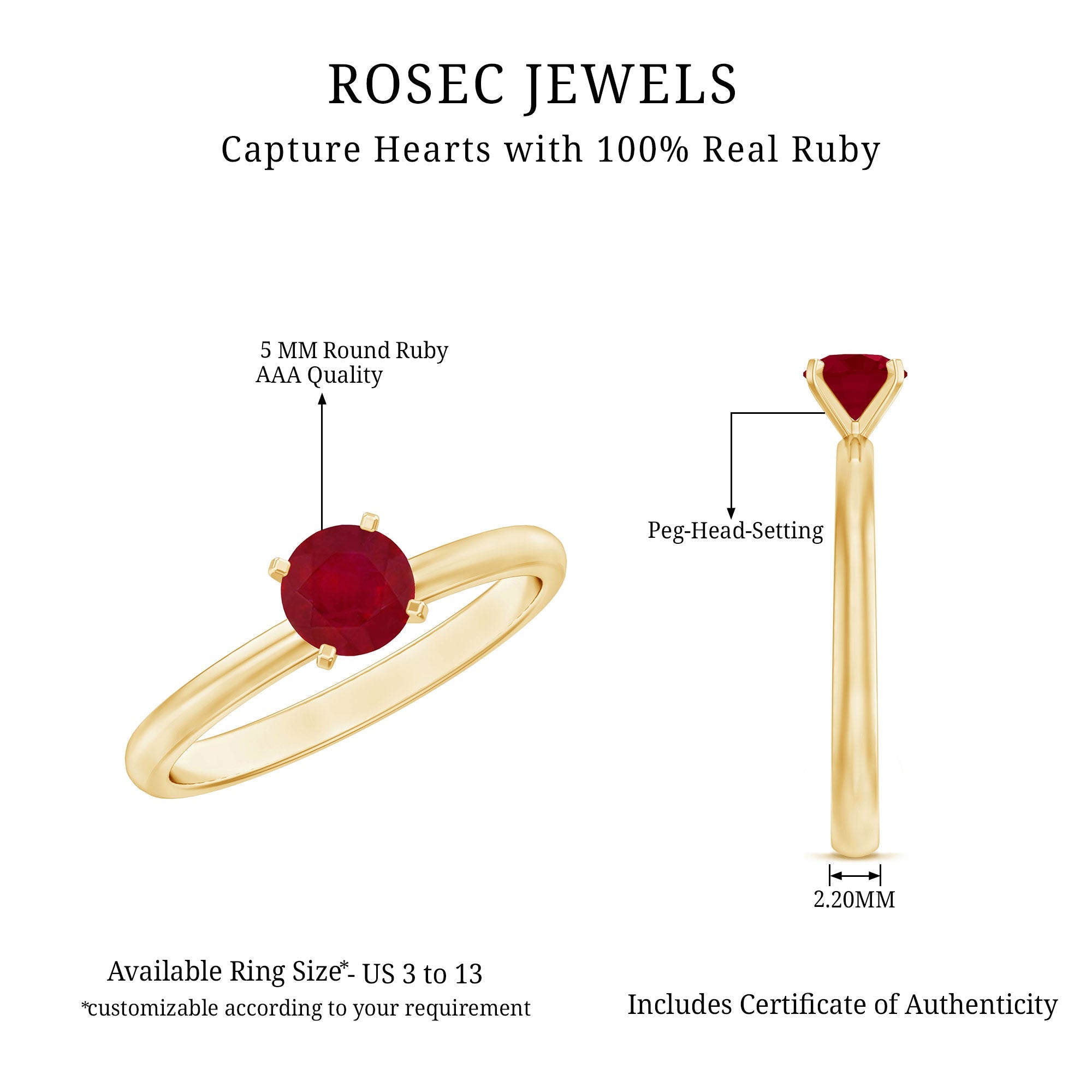 Ruby Solitaire Ring – 5 MM Round Brilliant Cut Ruby in Peg Head Setting | Anniversary Gift