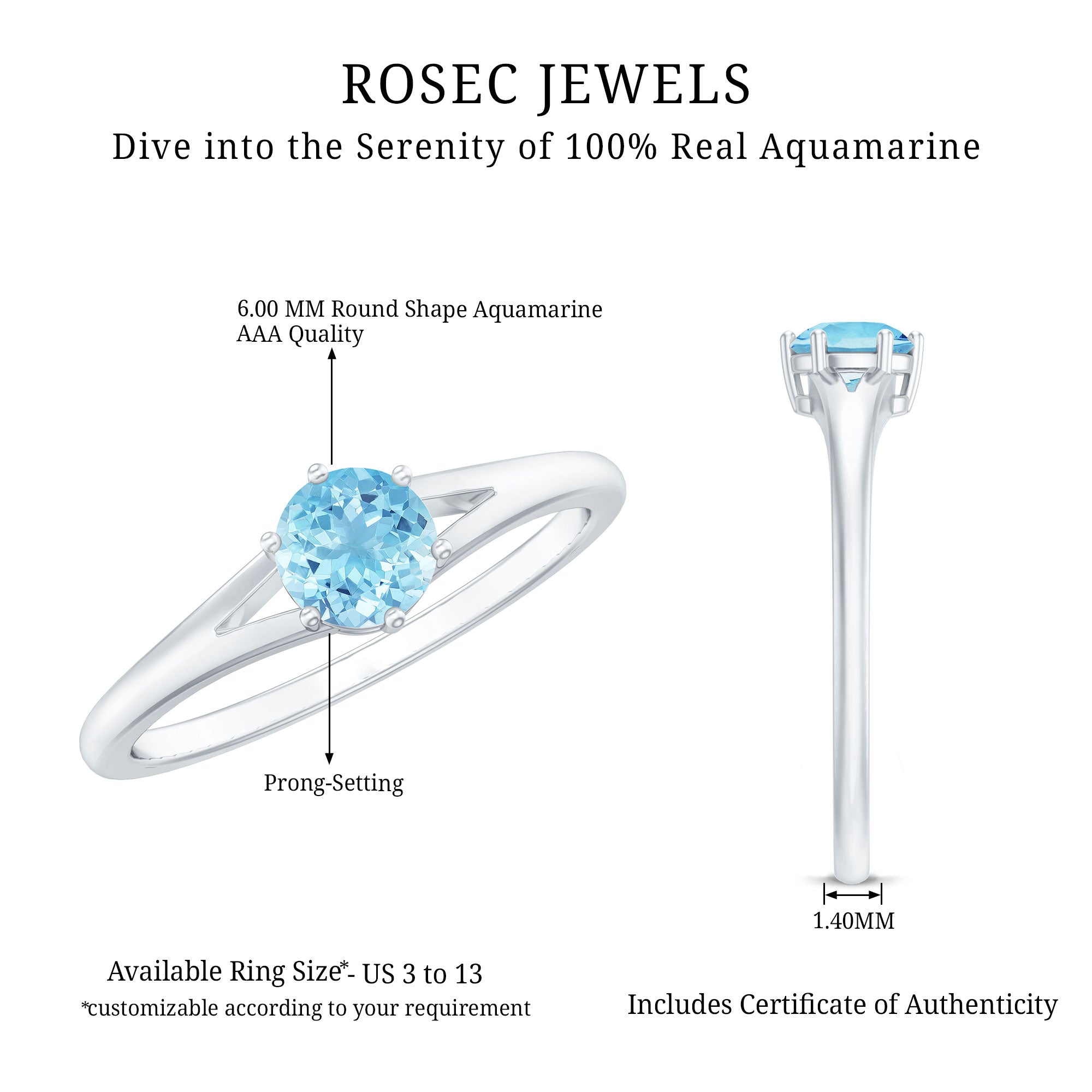 Aquamarine Promise Ring – Classic Solitaire Design With 6-Prong Setting