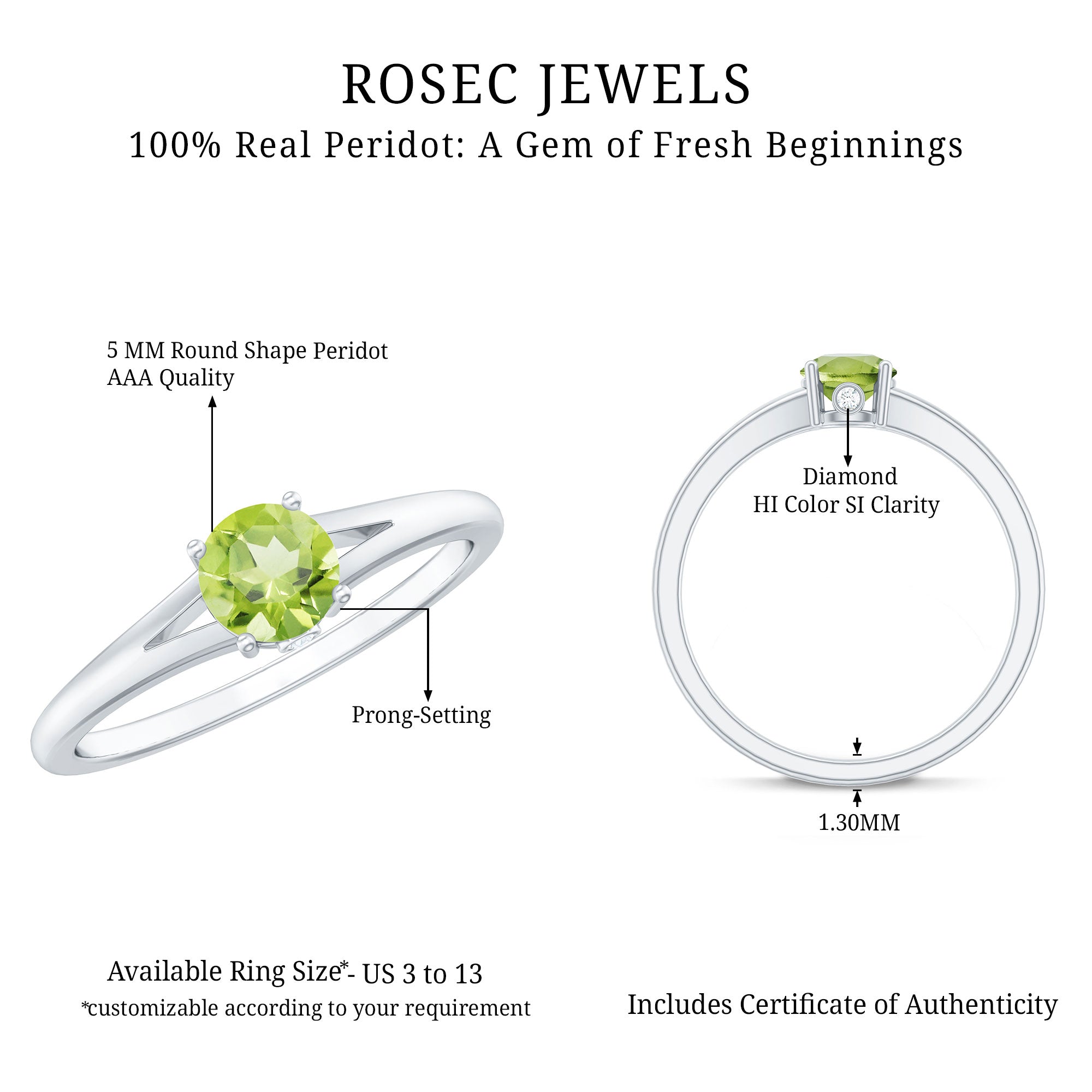 Peridot Promise Ring – Natural Green Gemstone with Diamond Accent, Split Shank Band