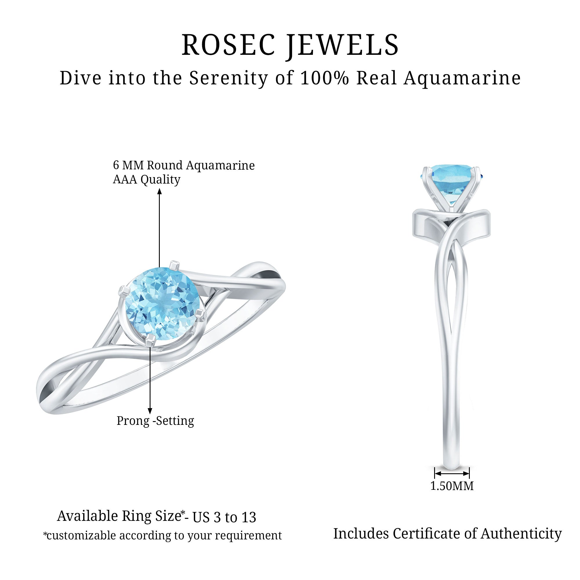 Aquamarine Birthstone Ring – Solitaire Engagement With Crossover Shank Design