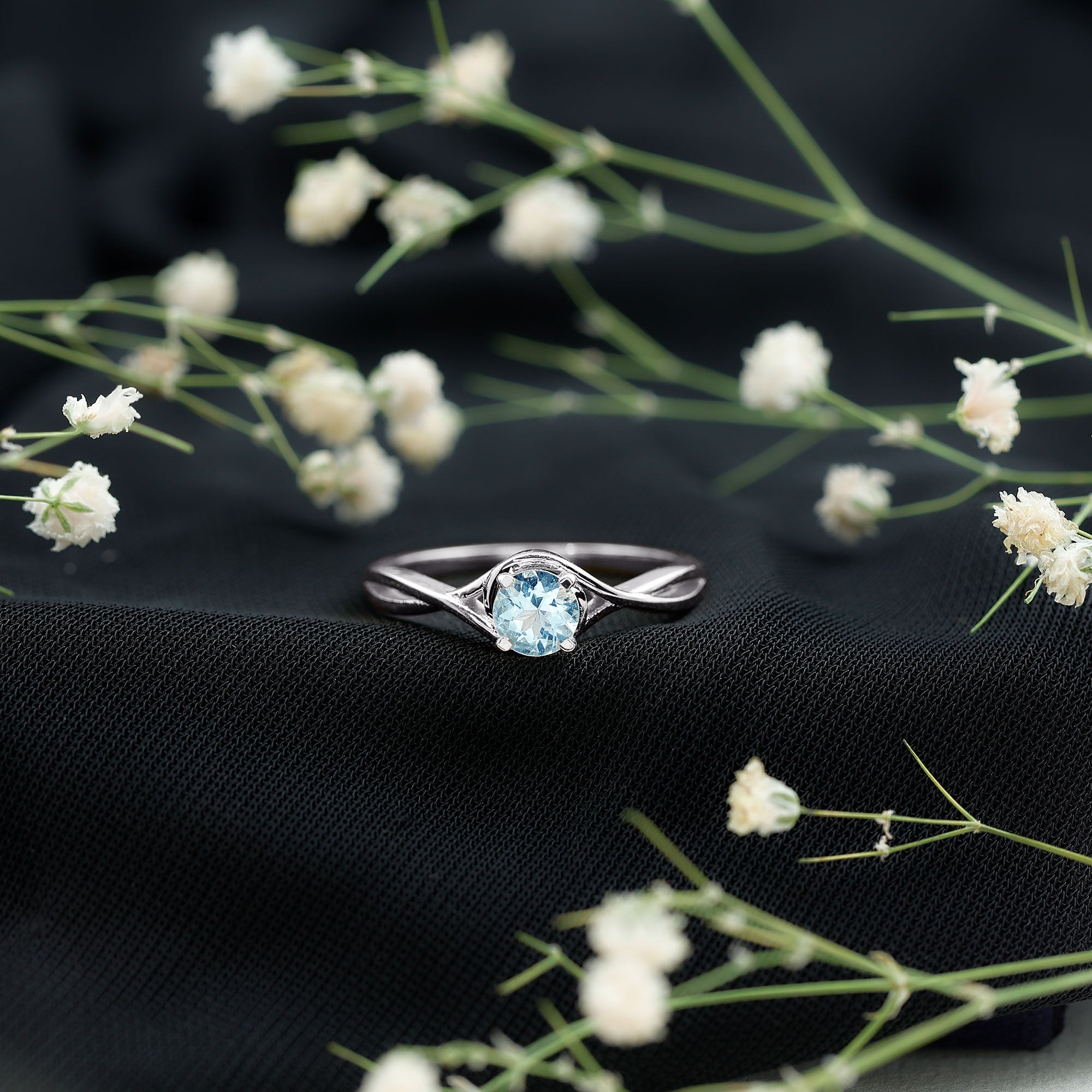 Aquamarine Birthstone Ring – Solitaire Engagement With Crossover Shank Design