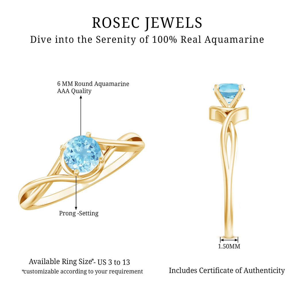 Aquamarine Birthstone Ring – Solitaire Engagement With Crossover Shank Design