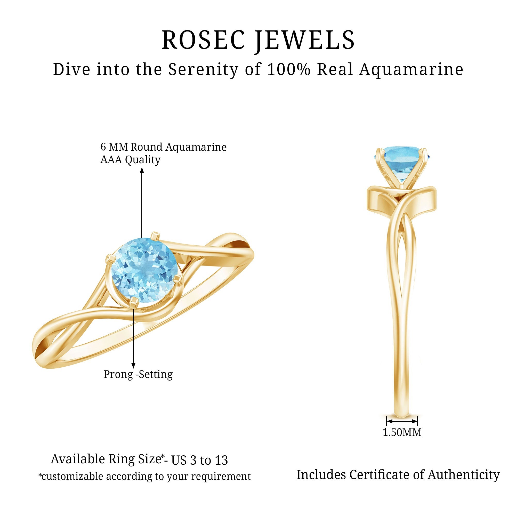 Aquamarine Birthstone Ring – Solitaire Engagement With Crossover Shank Design