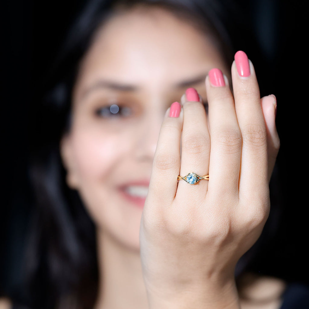 Aquamarine Birthstone Ring – Solitaire Engagement With Crossover Shank Design