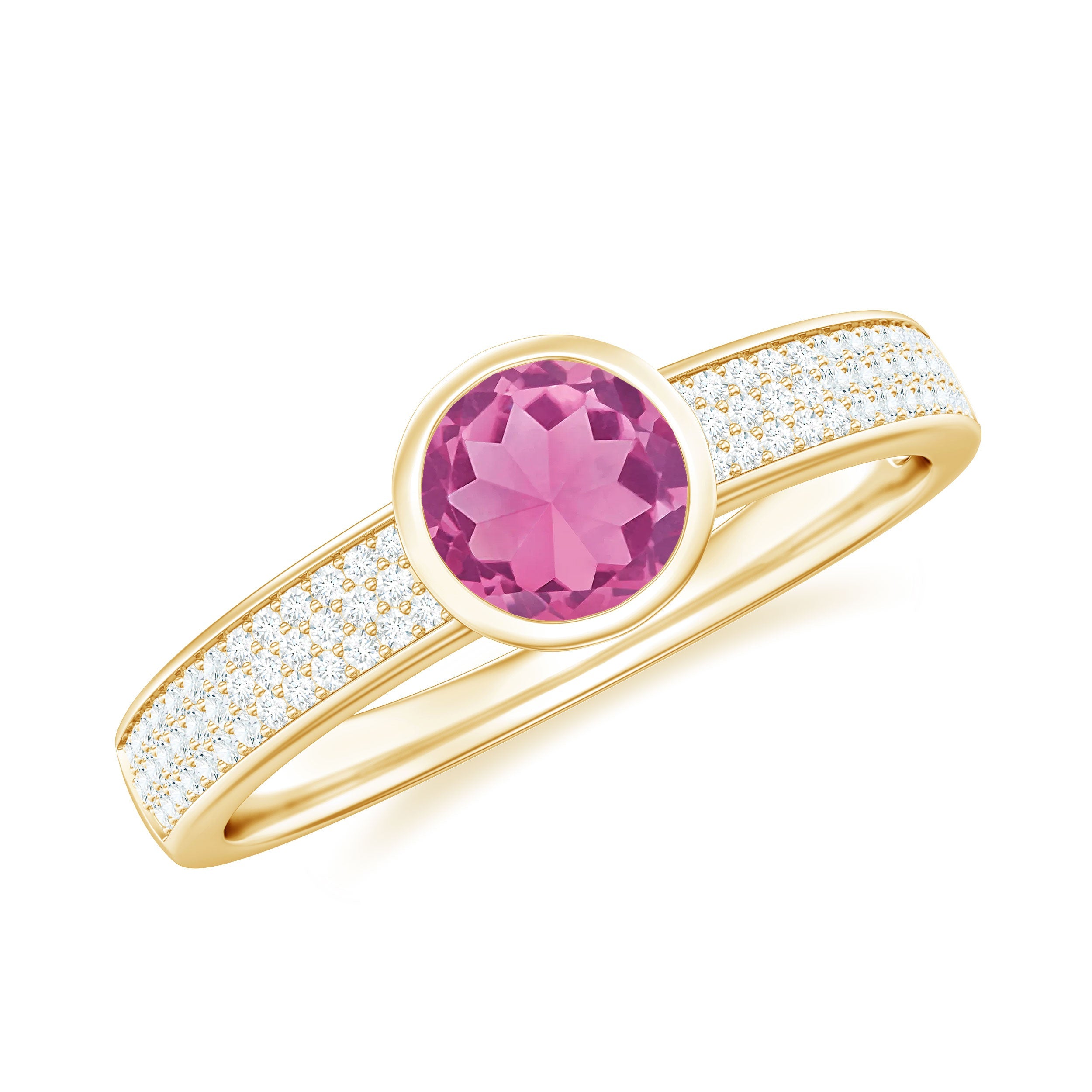 Pink Tourmaline Engagement Ring – Solitaire Bezel Setting With Diamond Side Stones