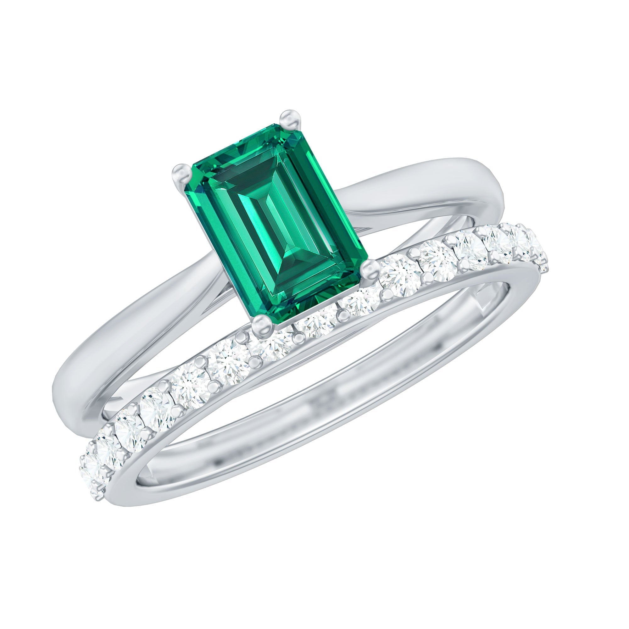 Lab Grown Emerald Ring – 1.6 Ct Emerald Cut Engagement Ring with Half Eternity Band