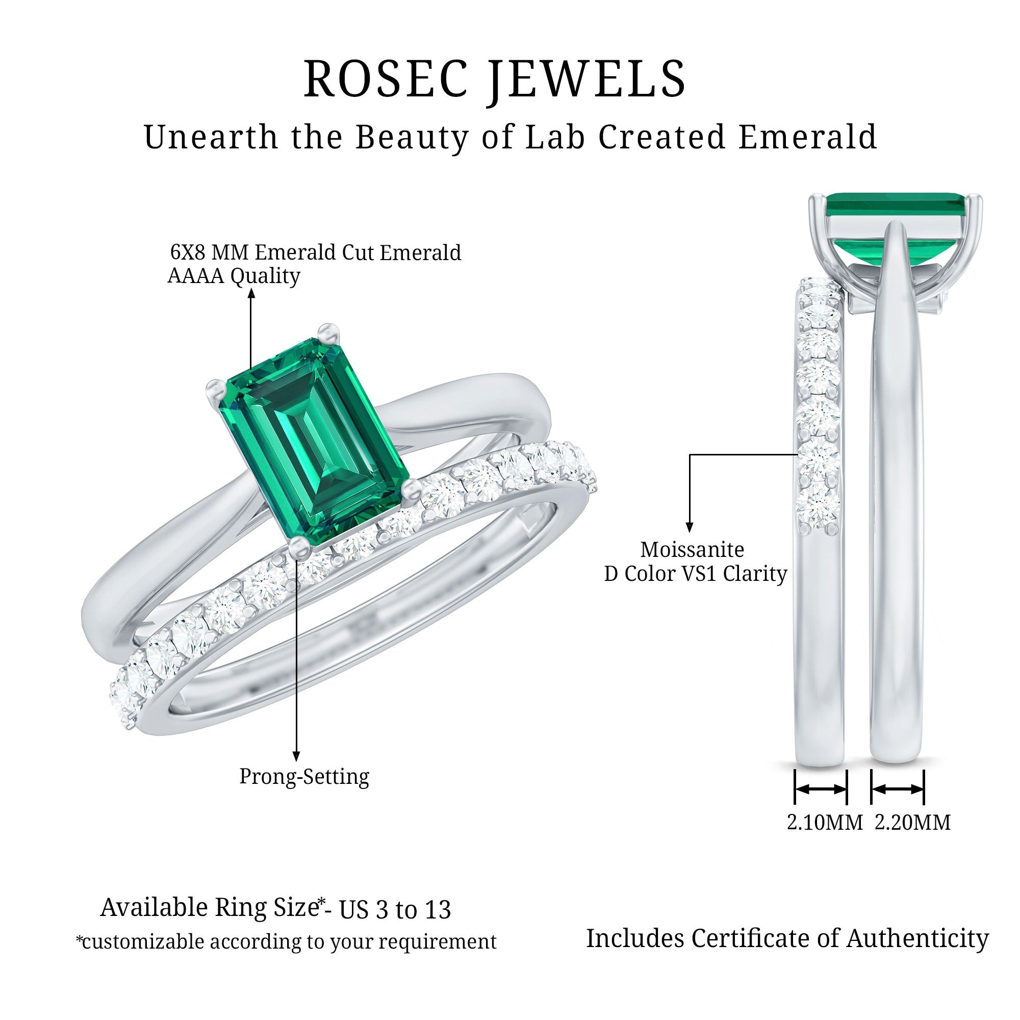 Lab Grown Emerald Ring – 1.6 Ct Emerald Cut Engagement Ring with Half Eternity Band