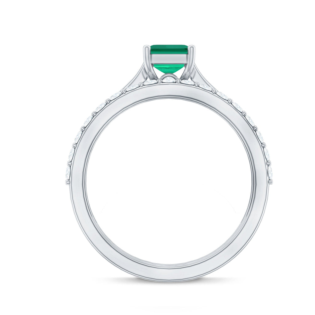 Lab Grown Emerald Ring – 1.6 Ct Emerald Cut Engagement Ring with Half Eternity Band