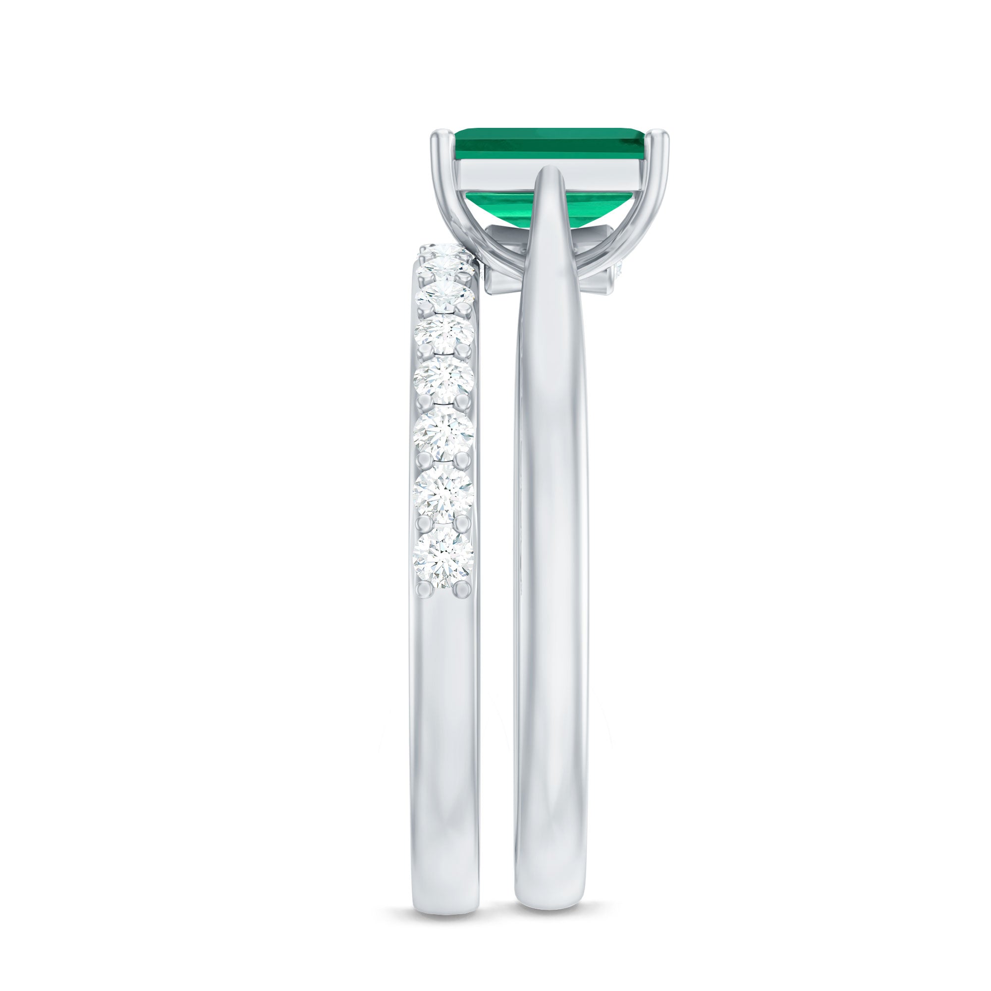 Lab Grown Emerald Ring – 1.6 Ct Emerald Cut Engagement Ring with Half Eternity Band