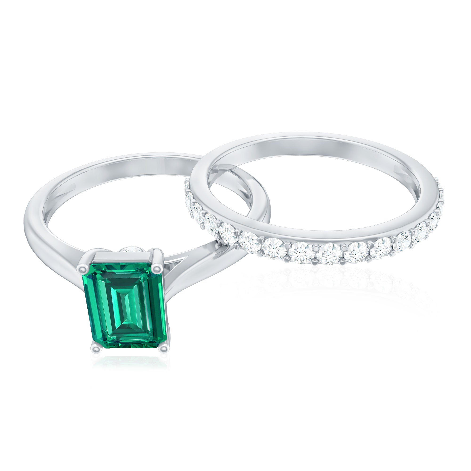Lab Grown Emerald Ring – 1.6 Ct Emerald Cut Engagement Ring with Half Eternity Band
