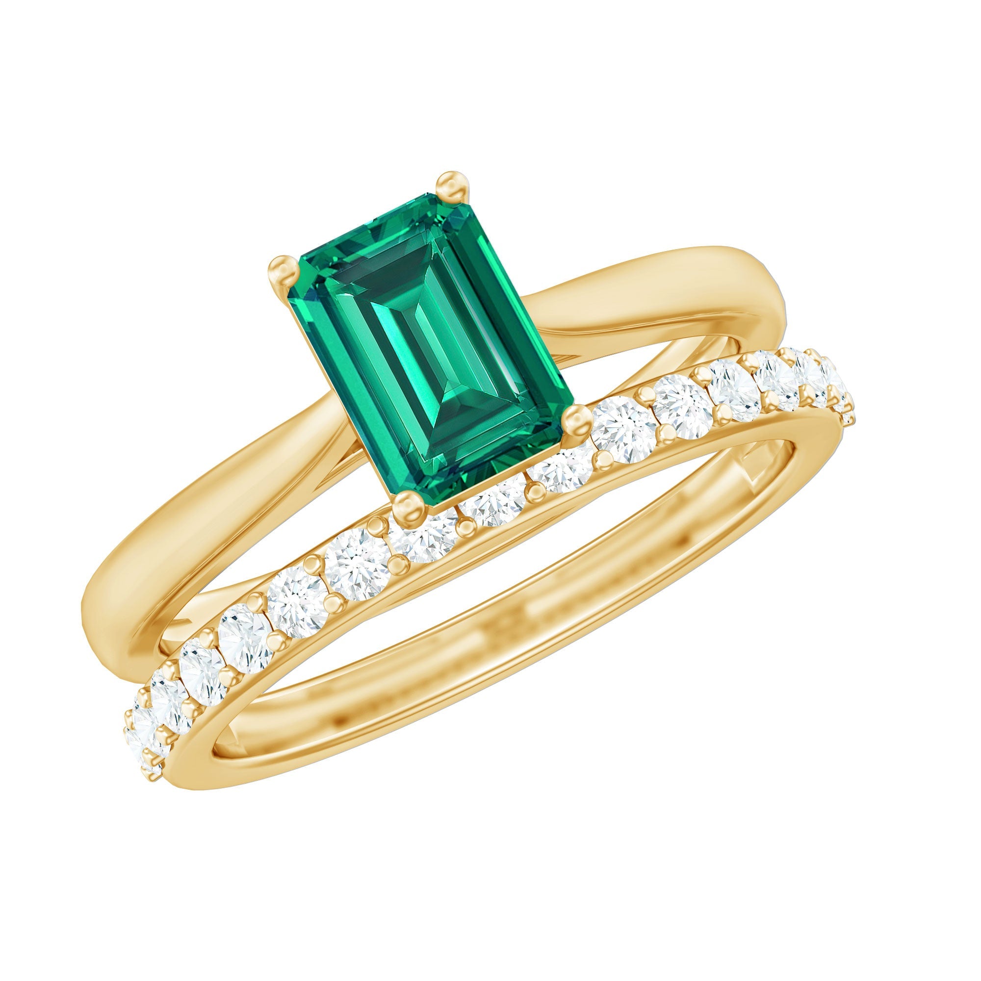 Lab Grown Emerald Ring – 1.6 Ct Emerald Cut Engagement Ring with Half Eternity Band