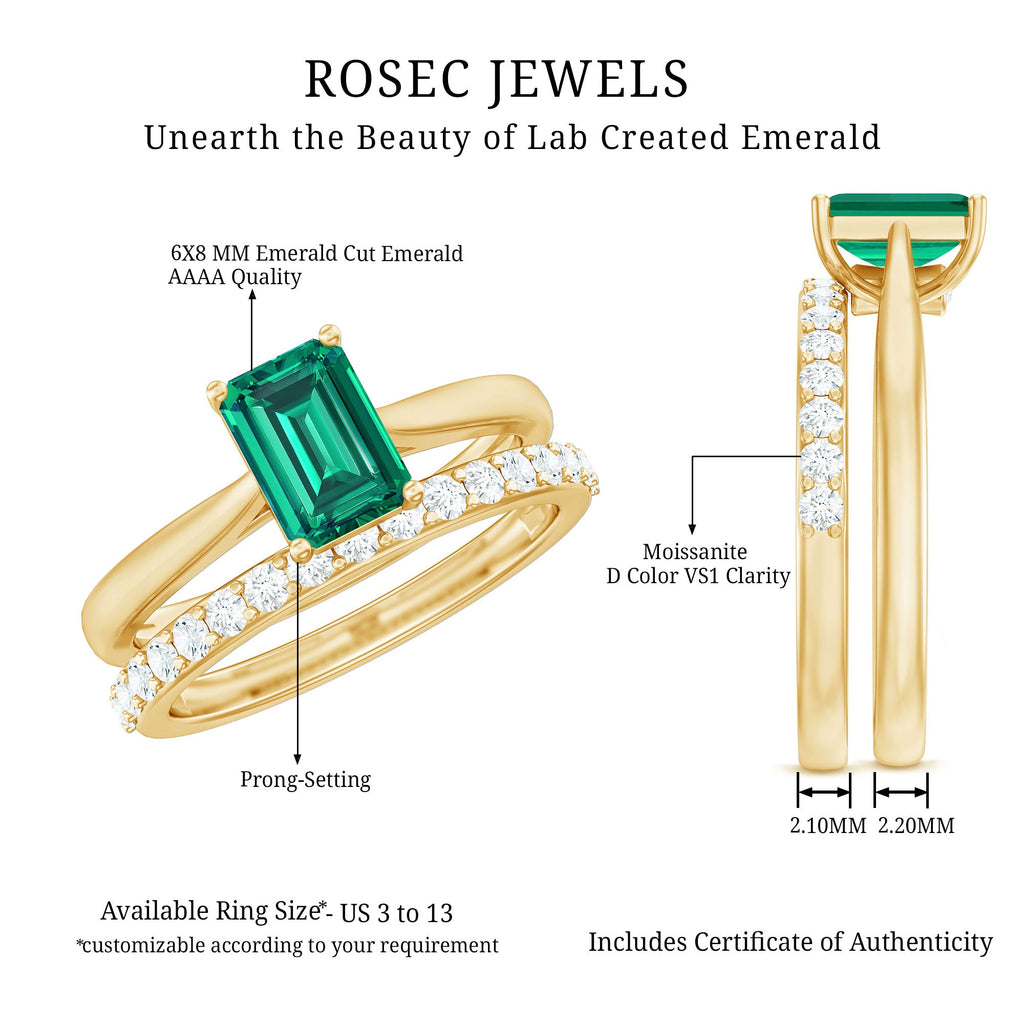 Lab Grown Emerald Ring – 1.6 Ct Emerald Cut Engagement Ring with Half Eternity Band