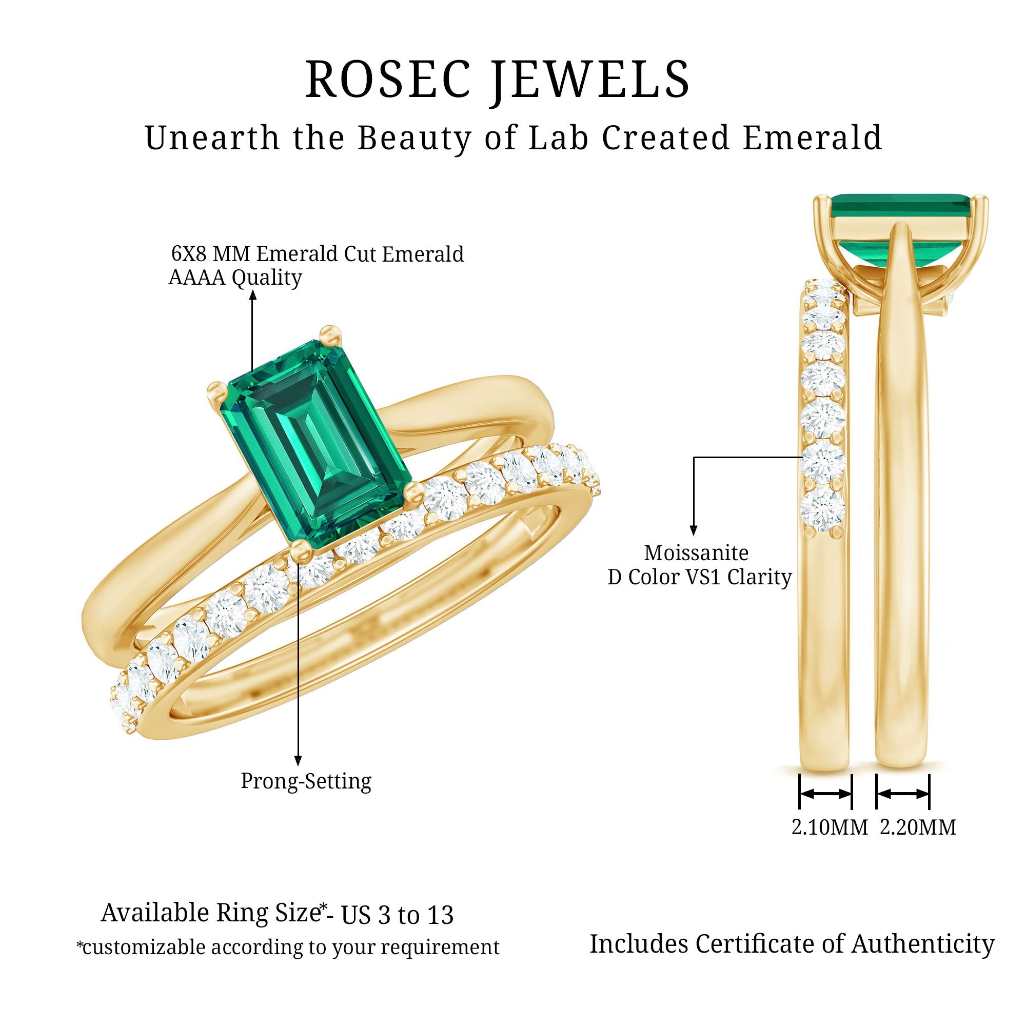 Lab Grown Emerald Ring – 1.6 Ct Emerald Cut Engagement Ring with Half Eternity Band