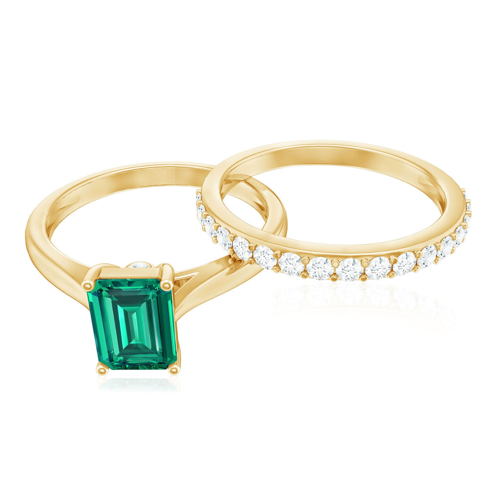 Lab Grown Emerald Ring – 1.6 Ct Emerald Cut Engagement Ring with Half Eternity Band